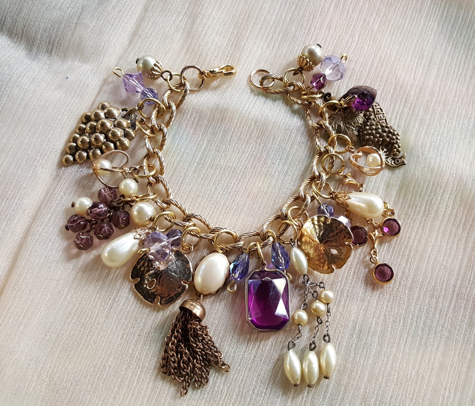 Artist Upcycled Gold-Tone Charm Bracelet Purple & Foe Pearl Vintage Charms