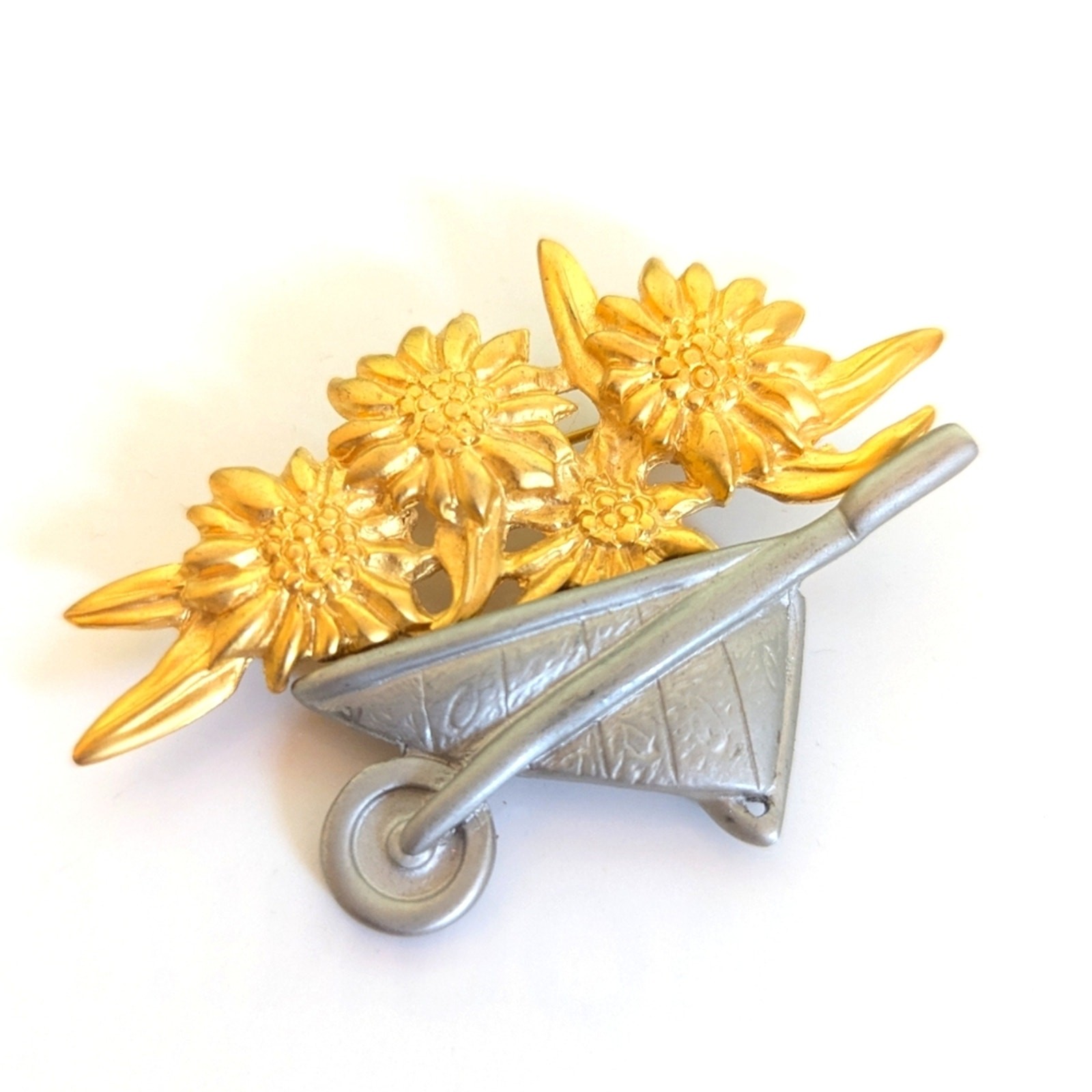 Vintage Estate Signed AAI Gardener Wheelbarrow Sunflowers Gardening Brooch