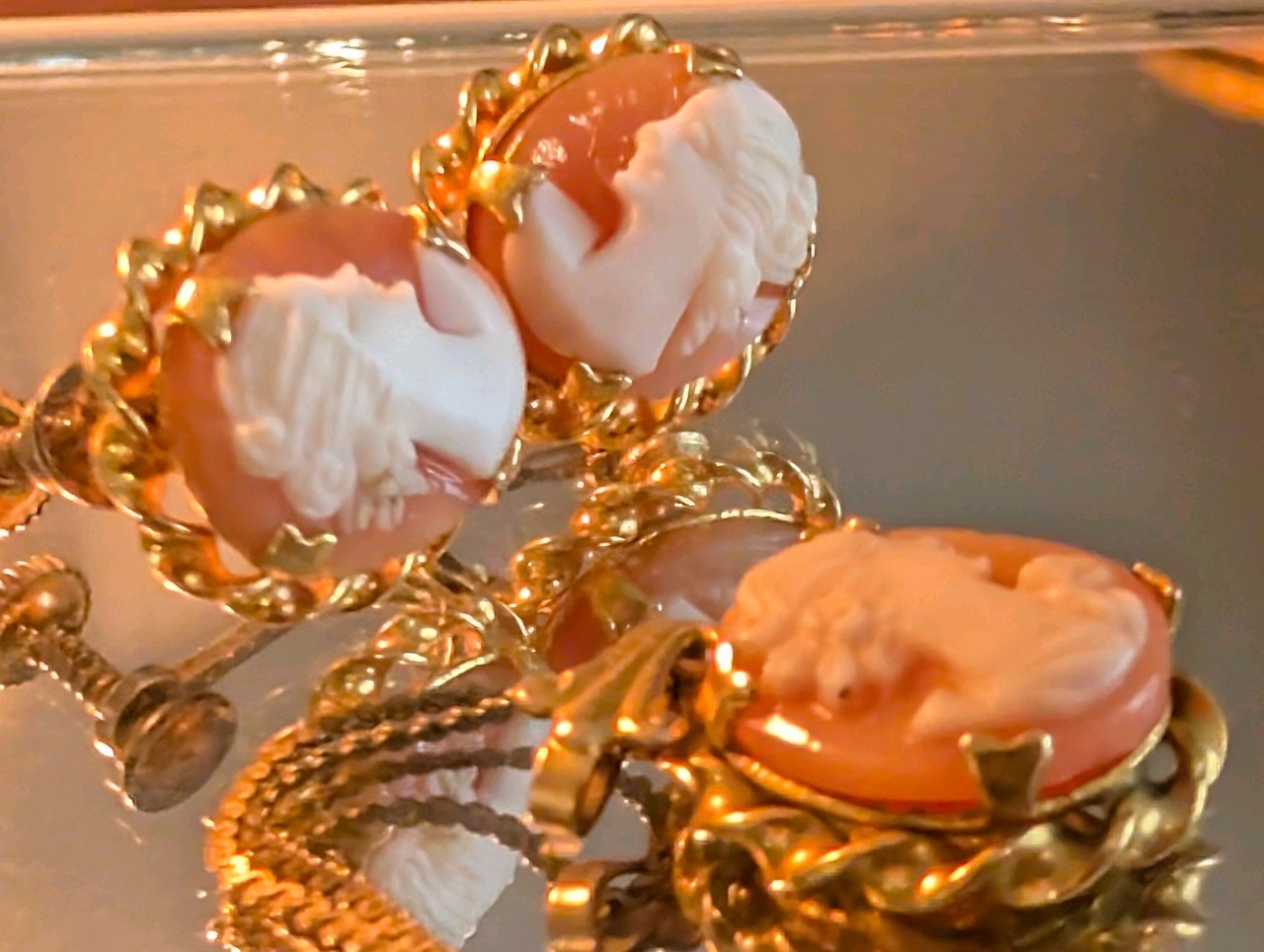 Vintage Rainbow Gold Filled Cameo Set – Sterling Earrings & Pendant – 16” Chain