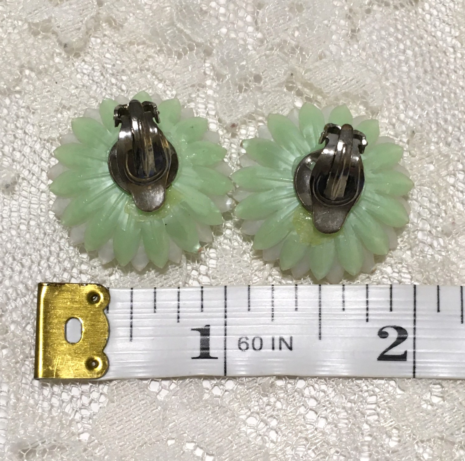 Vintage Flower Clip On Earrings Plastic Mint Green Daisy Retro Mid Century