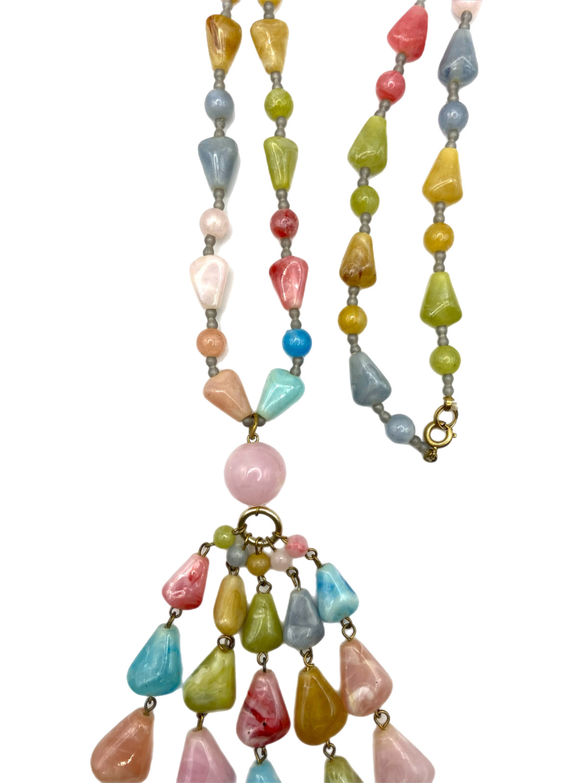 Vintage Chunky Pastel Multi-Color Beaded Tassel Pendant Necklace Plastic 30″