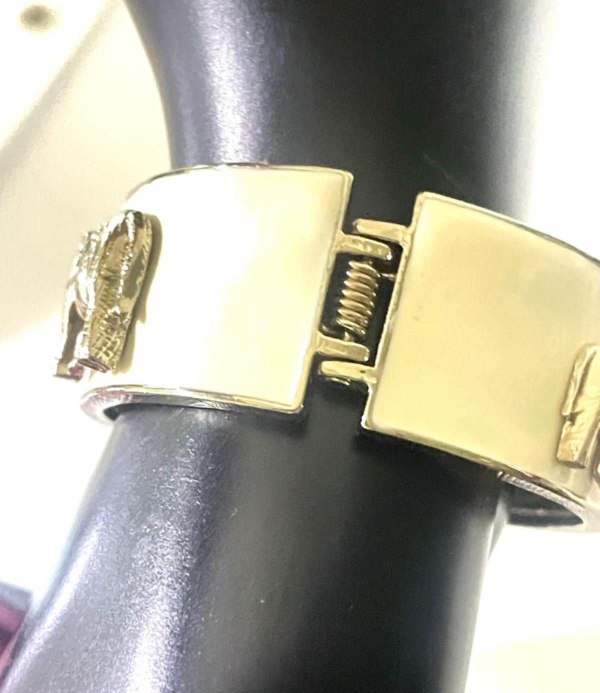 Vintage Enamel Cuff Bracelet Elephants Ivory Goldtone Crystals Hinge Opening