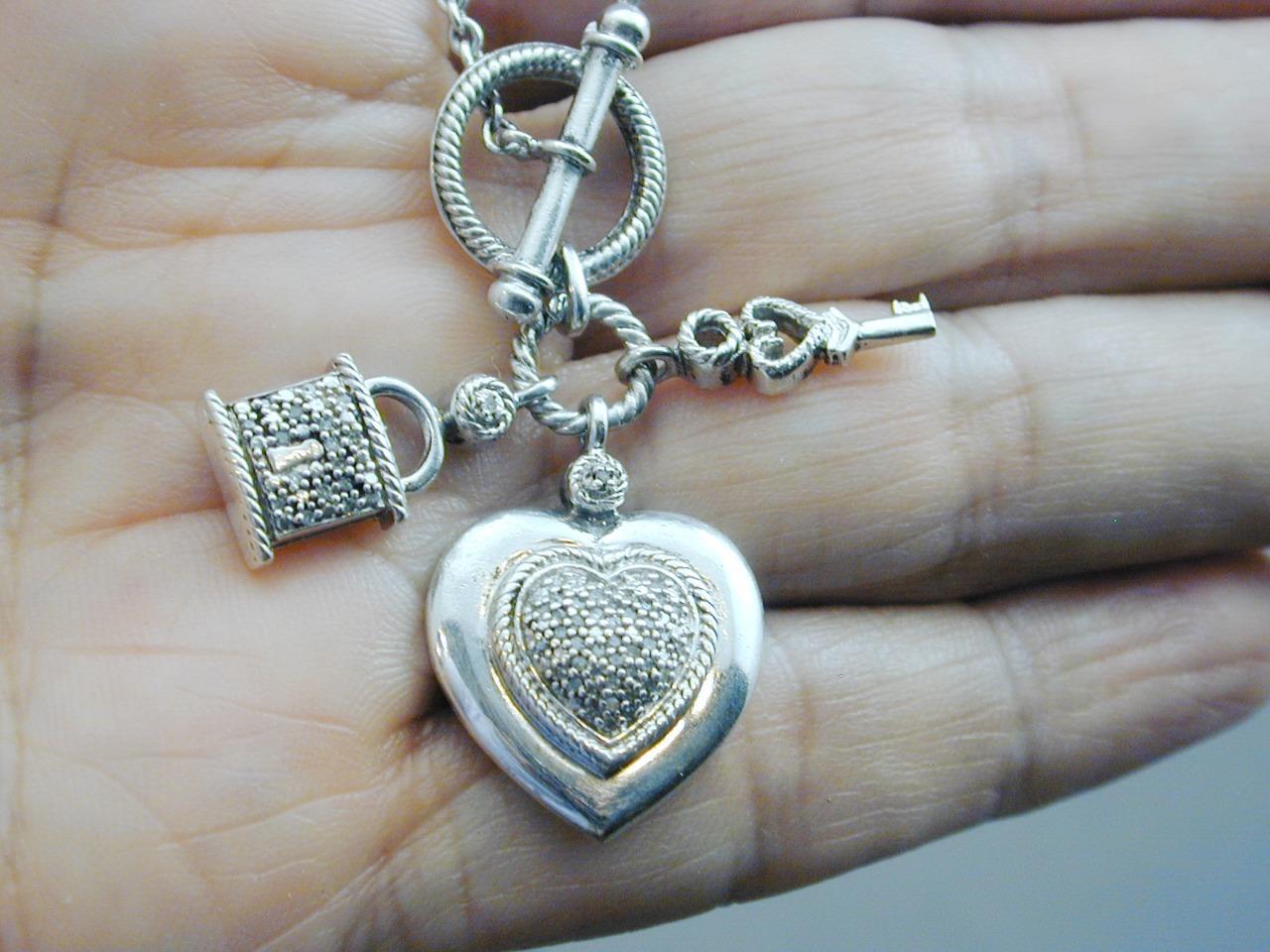 JWBR Sterling Pave Diamond Heart Lock & Key Charm Station Necklace