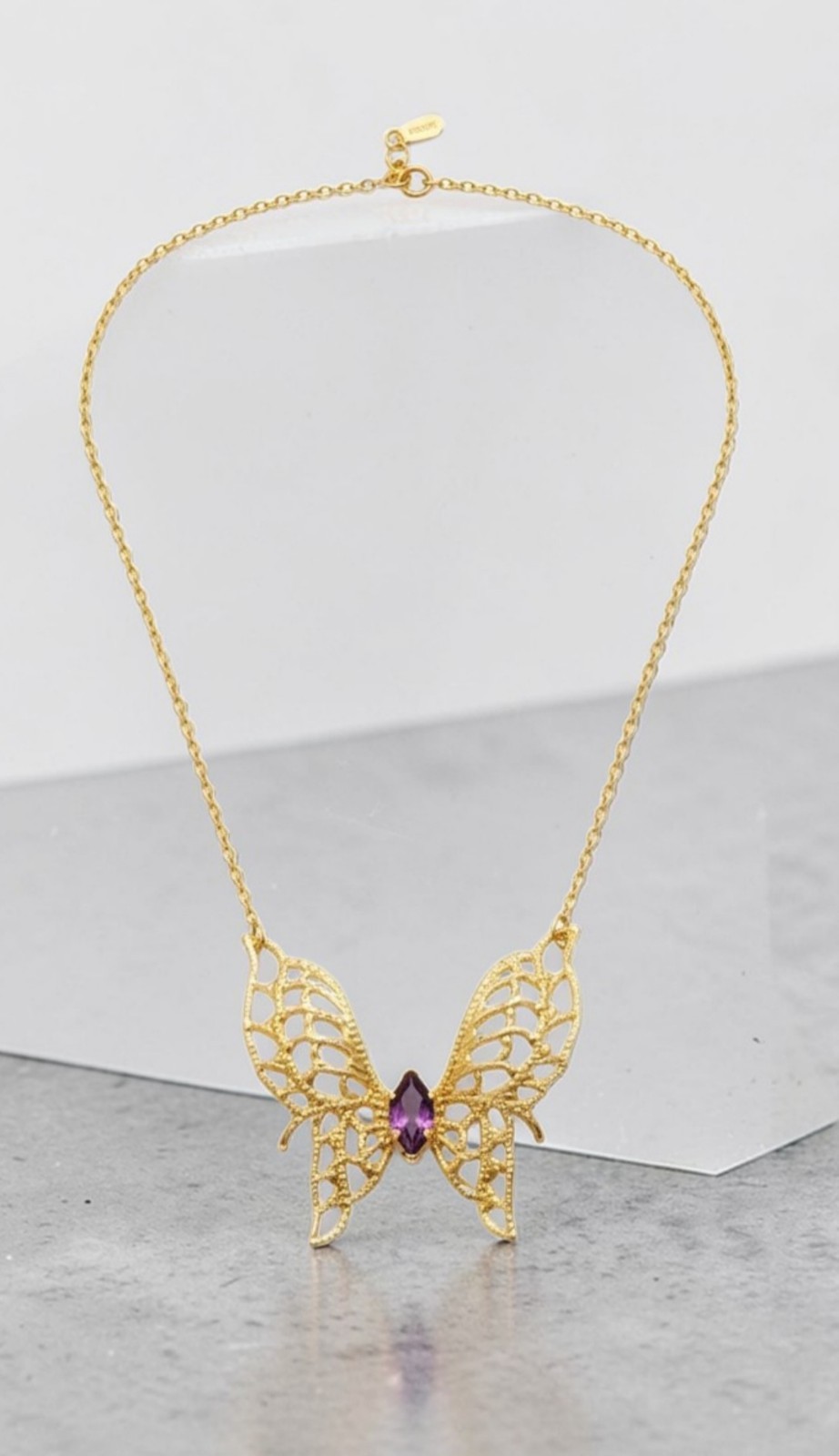 14KGE Lindenwold Gold Electroplated Marquise Purple Amethyst Butterfly Necklace