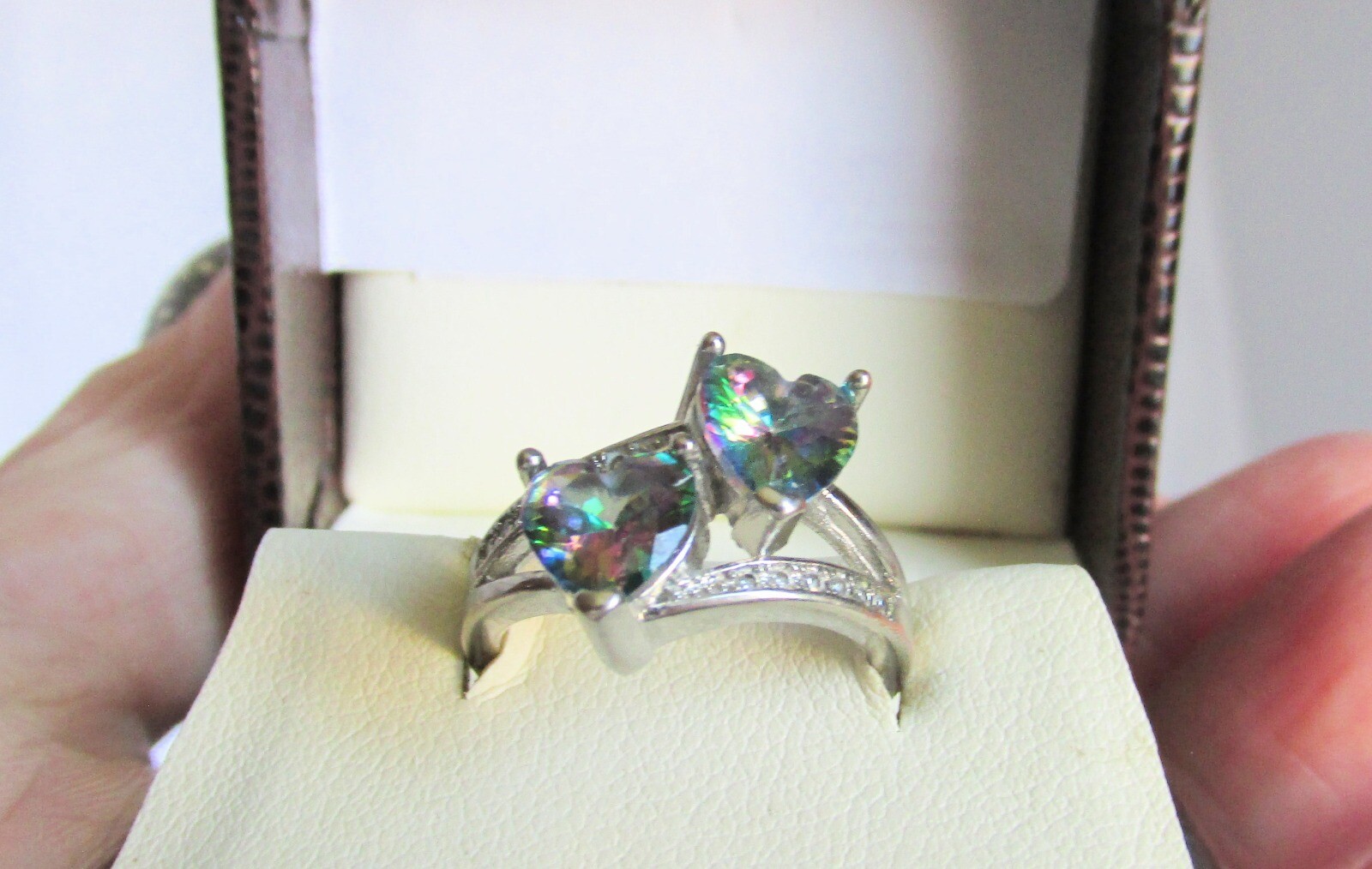 Vintage 925 Sterling Silver Mystic Topaz Double Hearts Ring Signed Sz 6