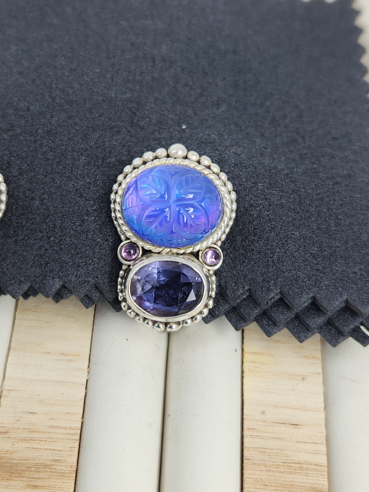 Stephen Dweck Sterling Silver Carved Blue Quartz Iolite Clip On Earrings