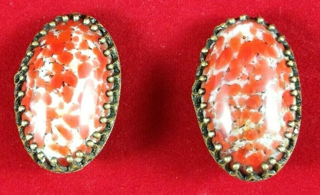 Vintage Czech Earrings Red Art Deco Glass Crystals Bohemian Art Glass Cabochon