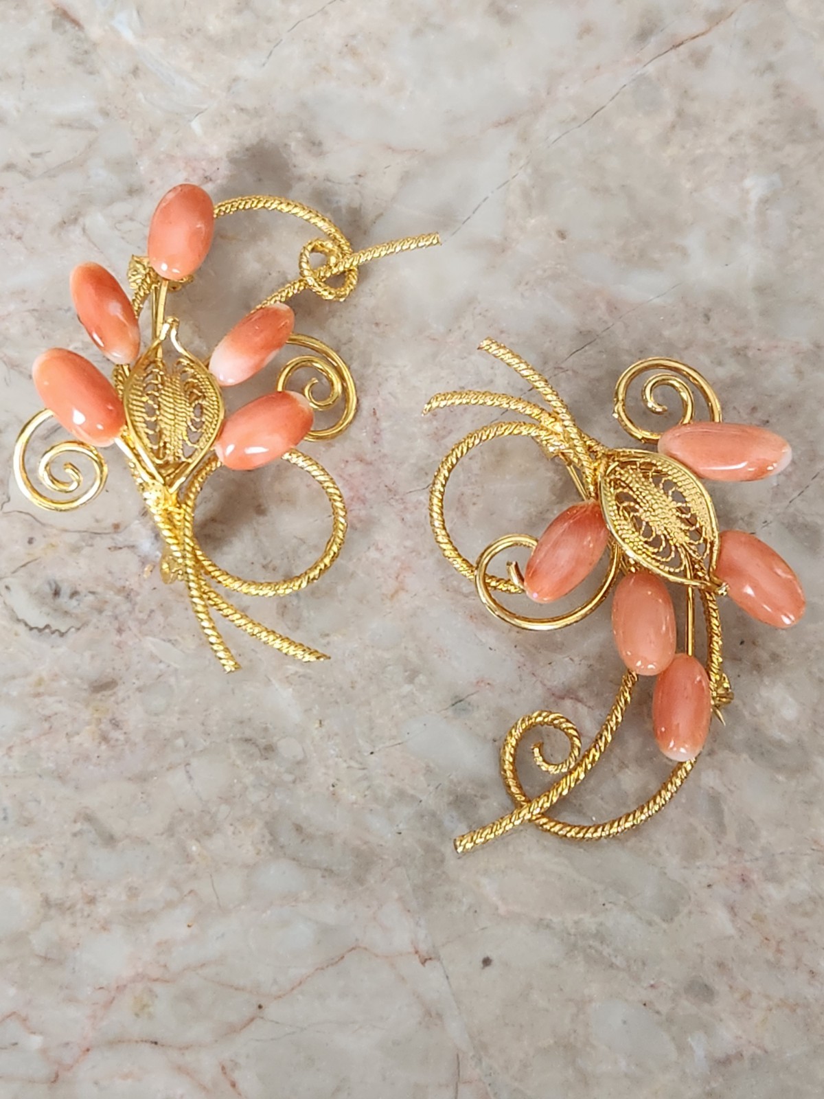 Vintage Angel Skin Coral Oblong Stones Goldtone Cannetille Flower Spray Brooches