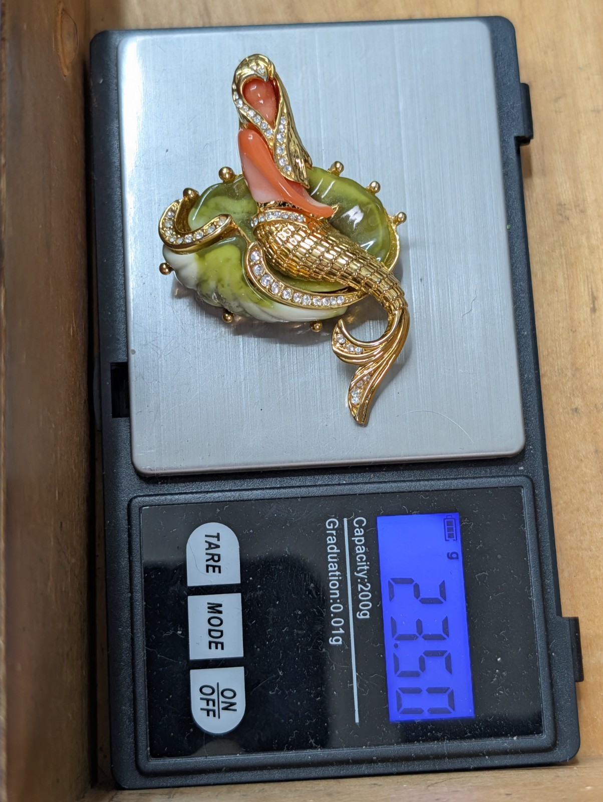 Vintage Hattie Carnegie Mermaid Gold Tone Green Orange Rhinestone 1960s Brooch