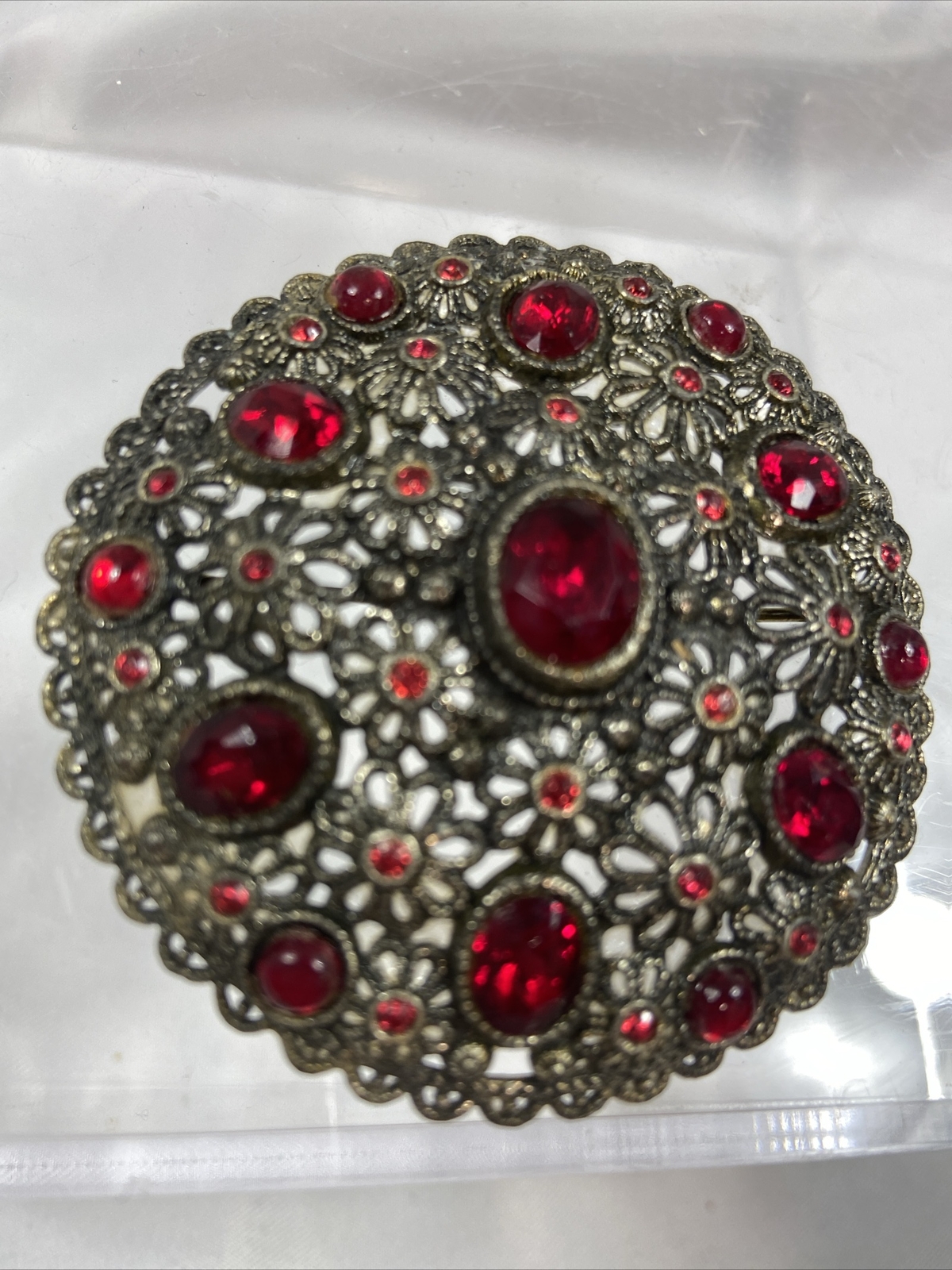 Vintage Brooch New England Glass Works Filigree Red Rhinestones