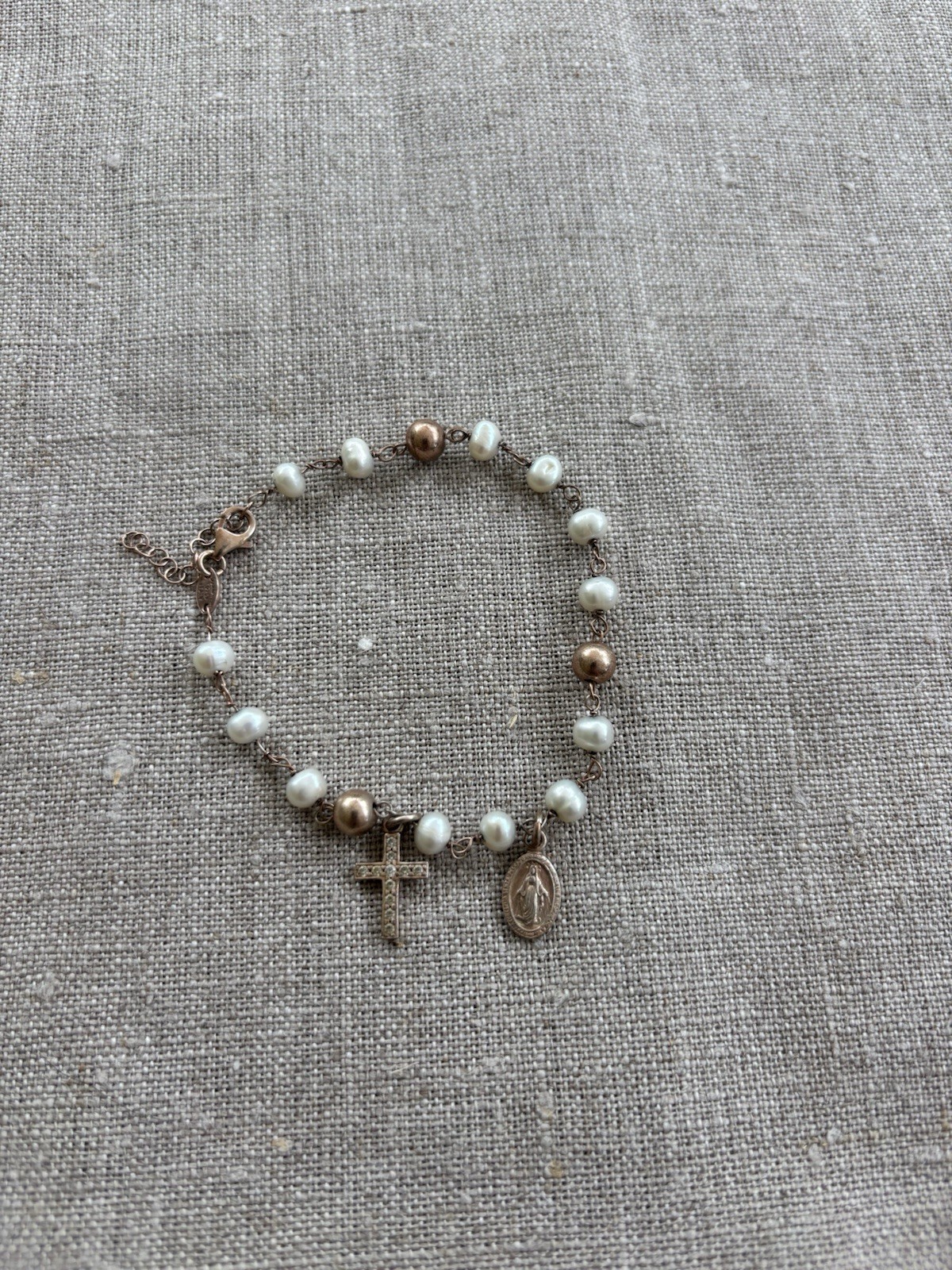 Vintage Dyadema Italy 925 Rosary Bracelet, Mary, Cross with Rhinestones 7″ to 8″