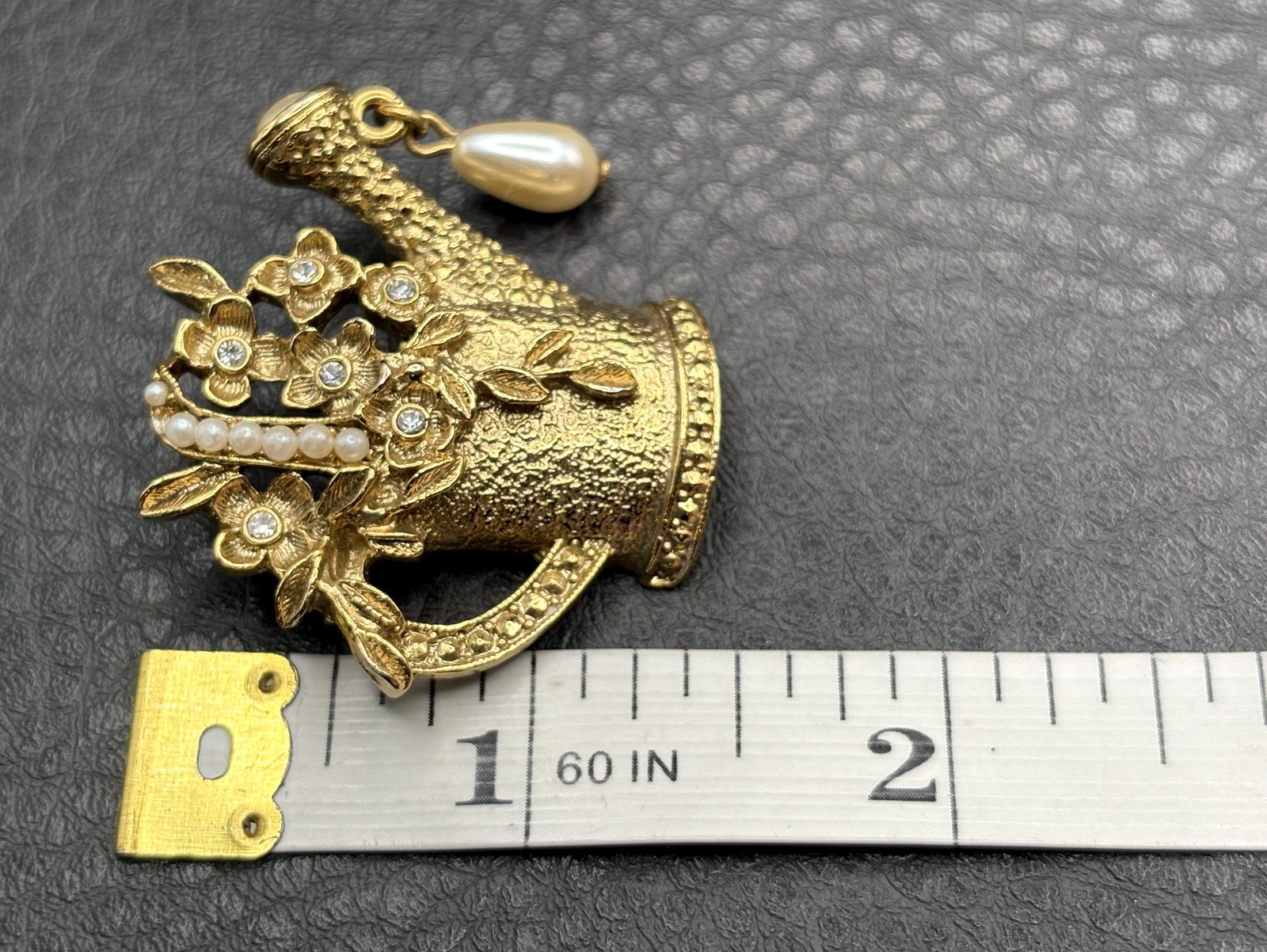 1928 Brand Gold Tone Faux Pearl Rhinestone Flower Watering Can Gardening Brooch