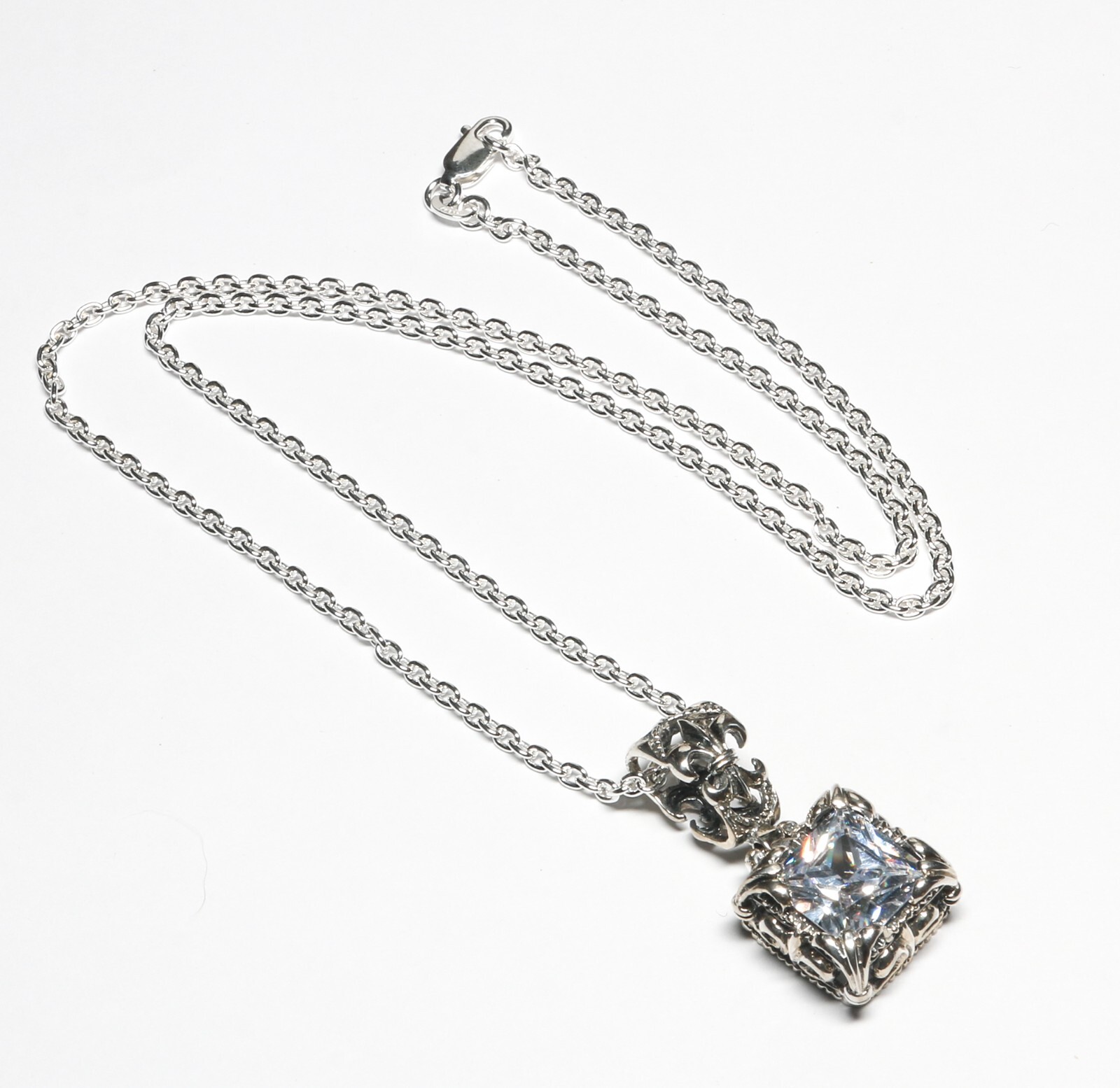 Sterling Silver 5.00ct Square Cut CZ Pendant with 20″ Cable Link Sterling Chain