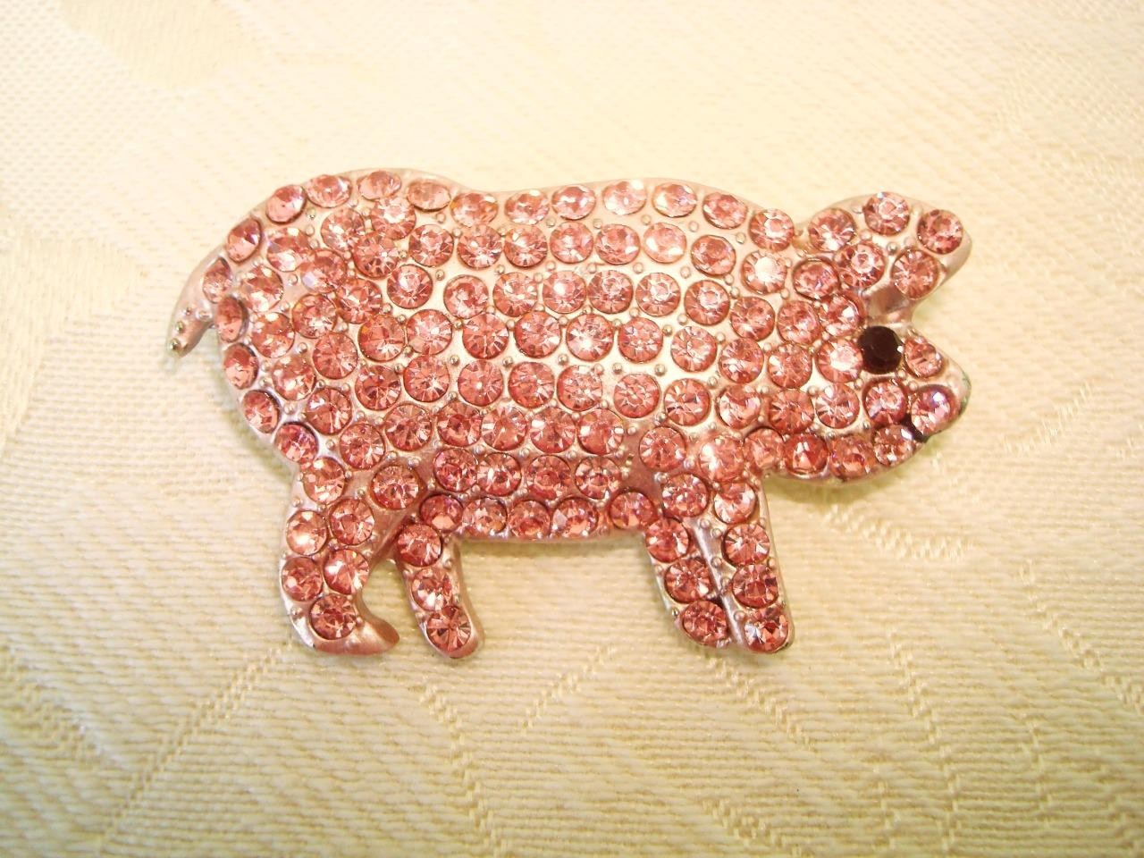 Silver Tone Pig Piggy Pin Brooch With Pink Rhinestones Black Eye KJ