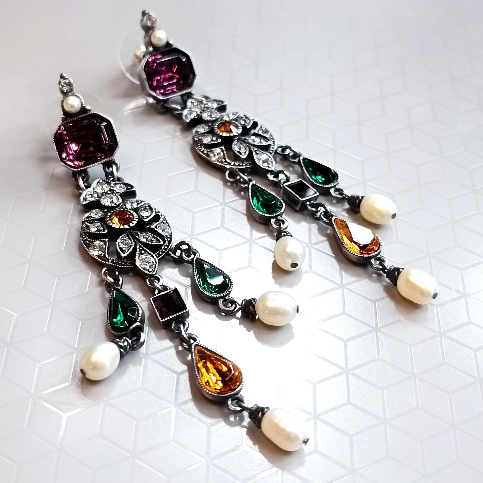 BEN-AMUN Crystals Chandelier Silver Tone Earrings , Length 3.2 inch