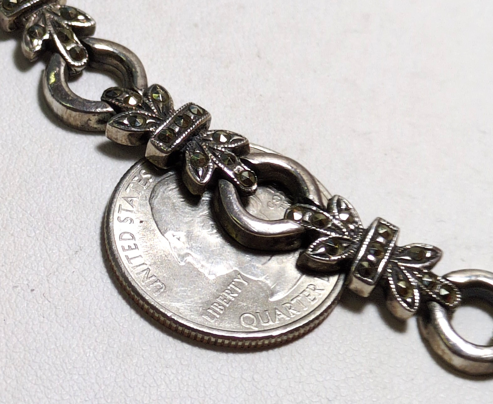 Gothic Art Deco Style Sterling Silver Marcasite Ornate Link Bracelet 8″