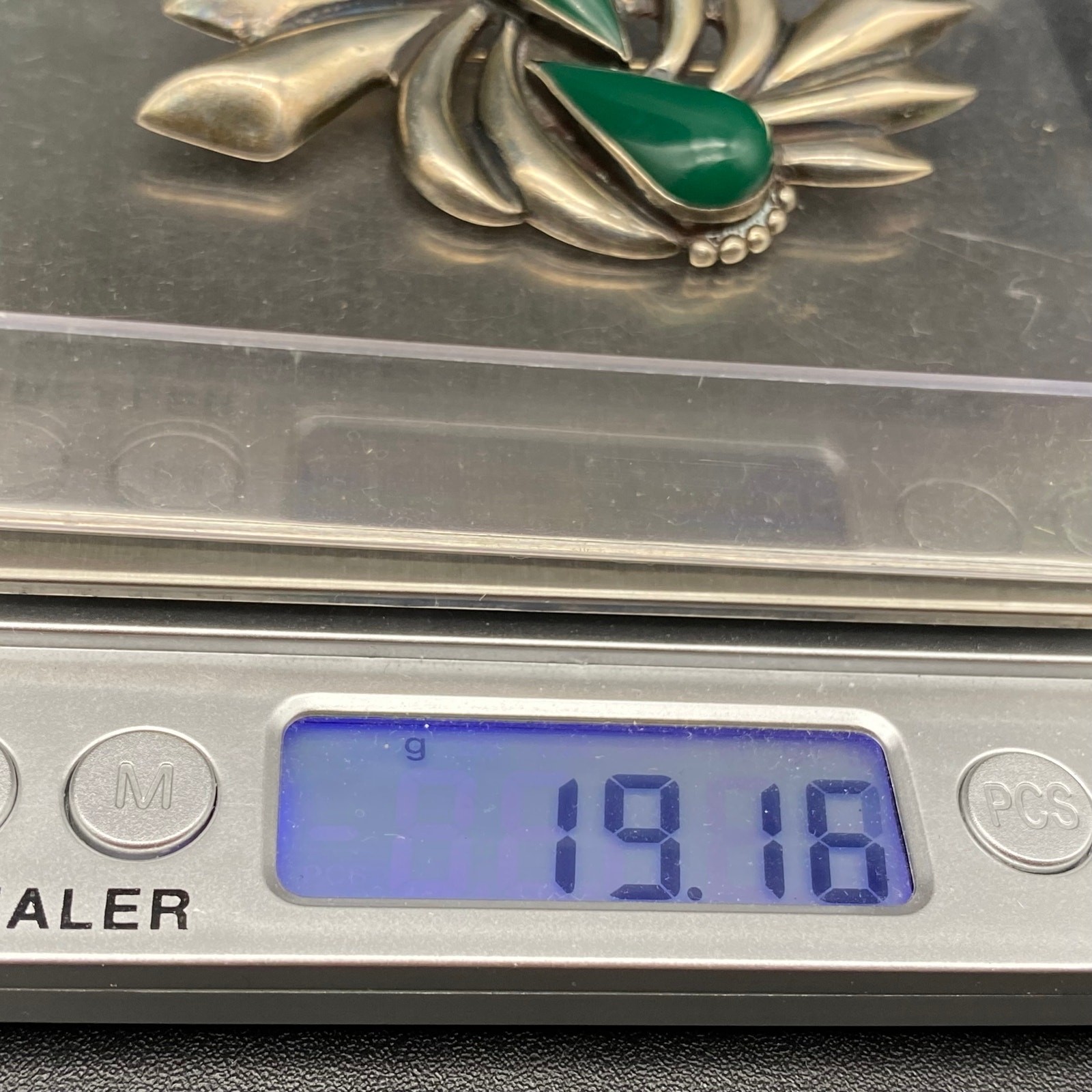 Vintage Mexico Green Onyx Sterling Silver Pin Brooch