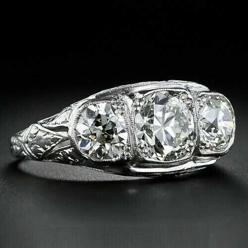 Vintage Art Deco Style Lab Created Diamond Three Stone Engagement Silver Ring