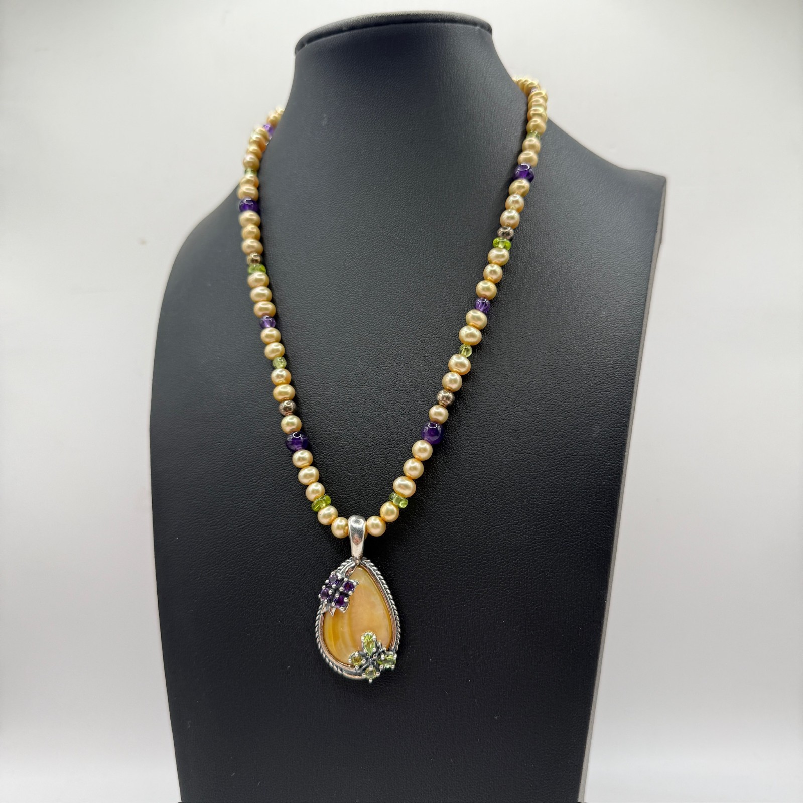 VTG Carolyn Pollack Gold MOP Peridot Amethyst Beaded Pendant Necklace 925 Silver