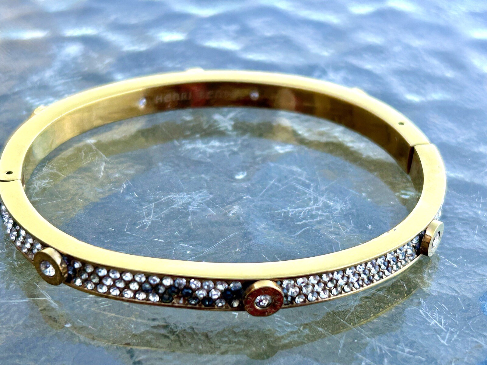 Vtg Signed Henri Bender Designer Rhinestone Gold Tone Hinged Bangle Bracelet