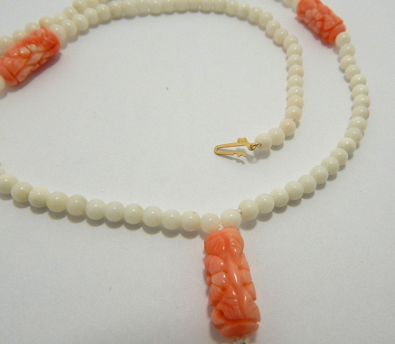 Carved Salmon Coral Necklace 17″ Long plus tassel 14K Clasp