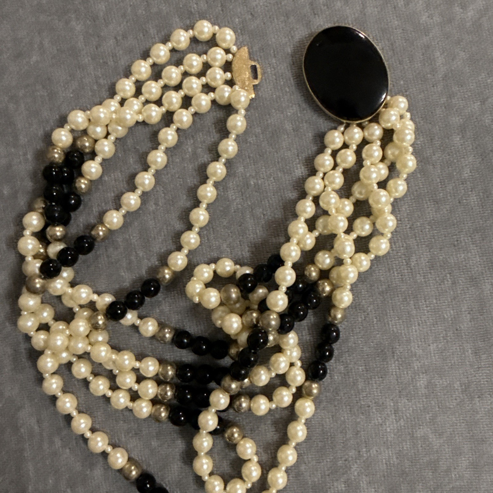 VTY Gay Boyer Faux Pearl Onyx Multi Strand Beaded Bib Statement Necklace Classic