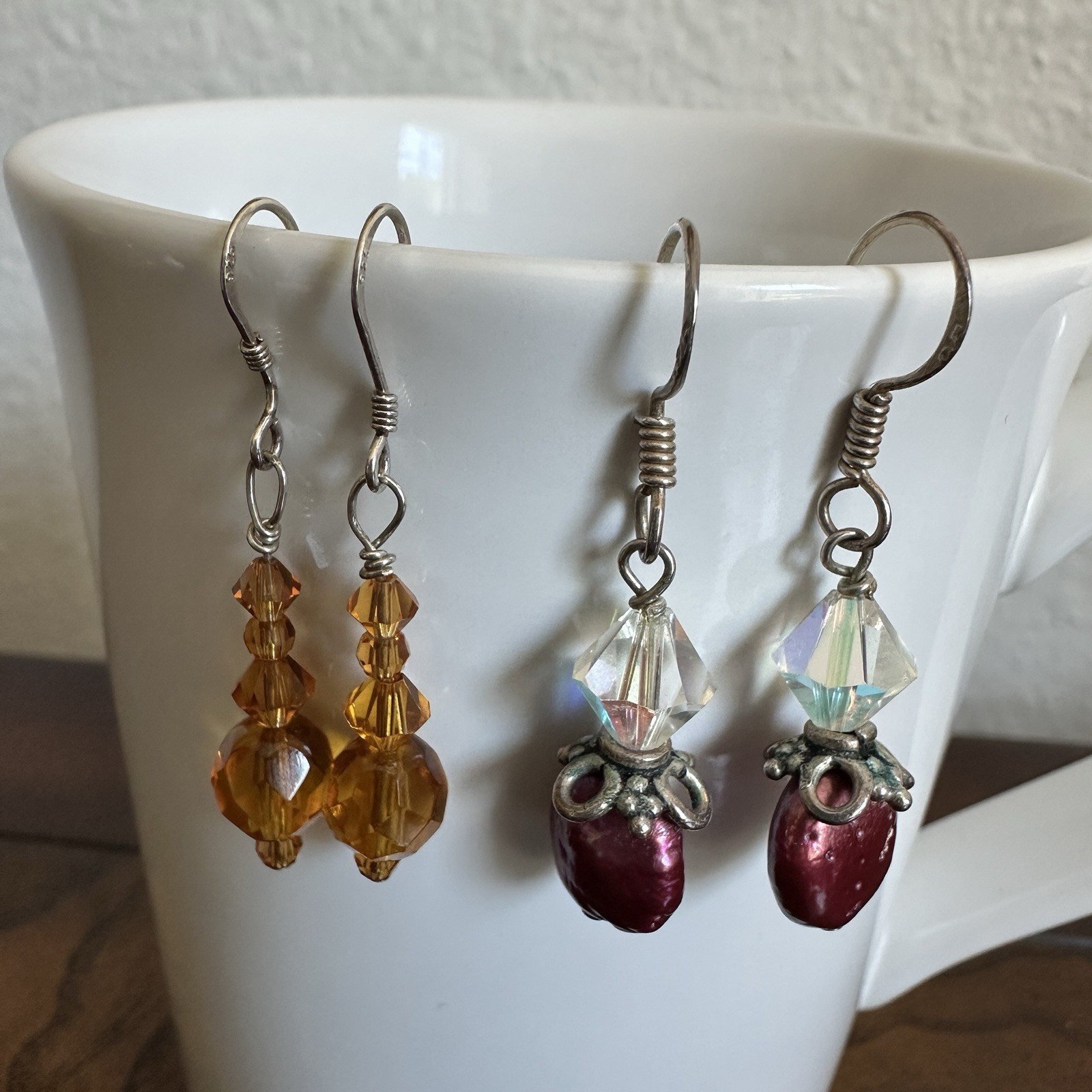 VTG 2 Pairs Dangle Drop Earrings Crystal Shell Acrylic Beads 925 Sterling Silver