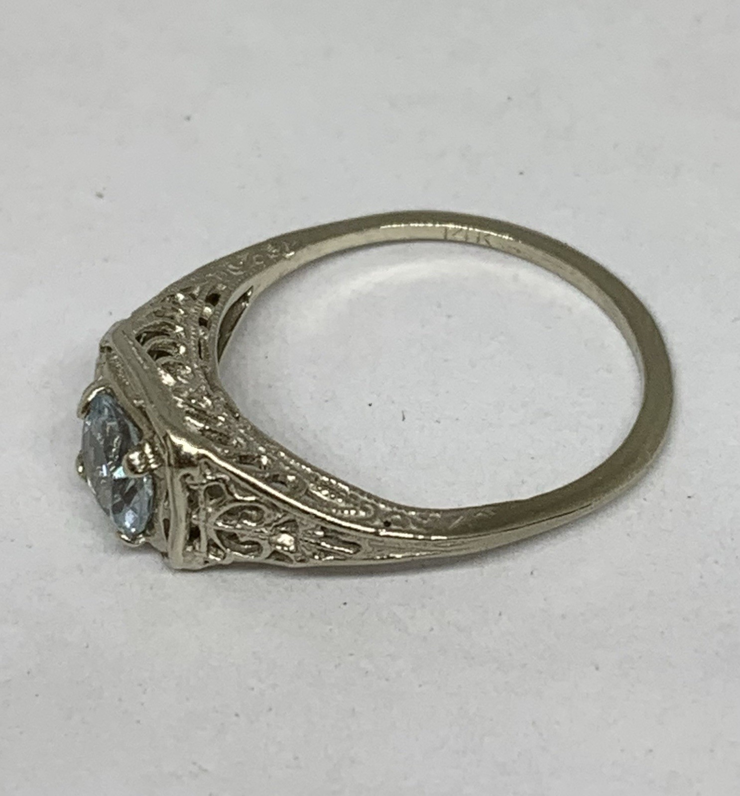 Art Deco Vintage 14k White Gold .5ctw Light Blue Aquamarine Filigree Ring Sz6.5