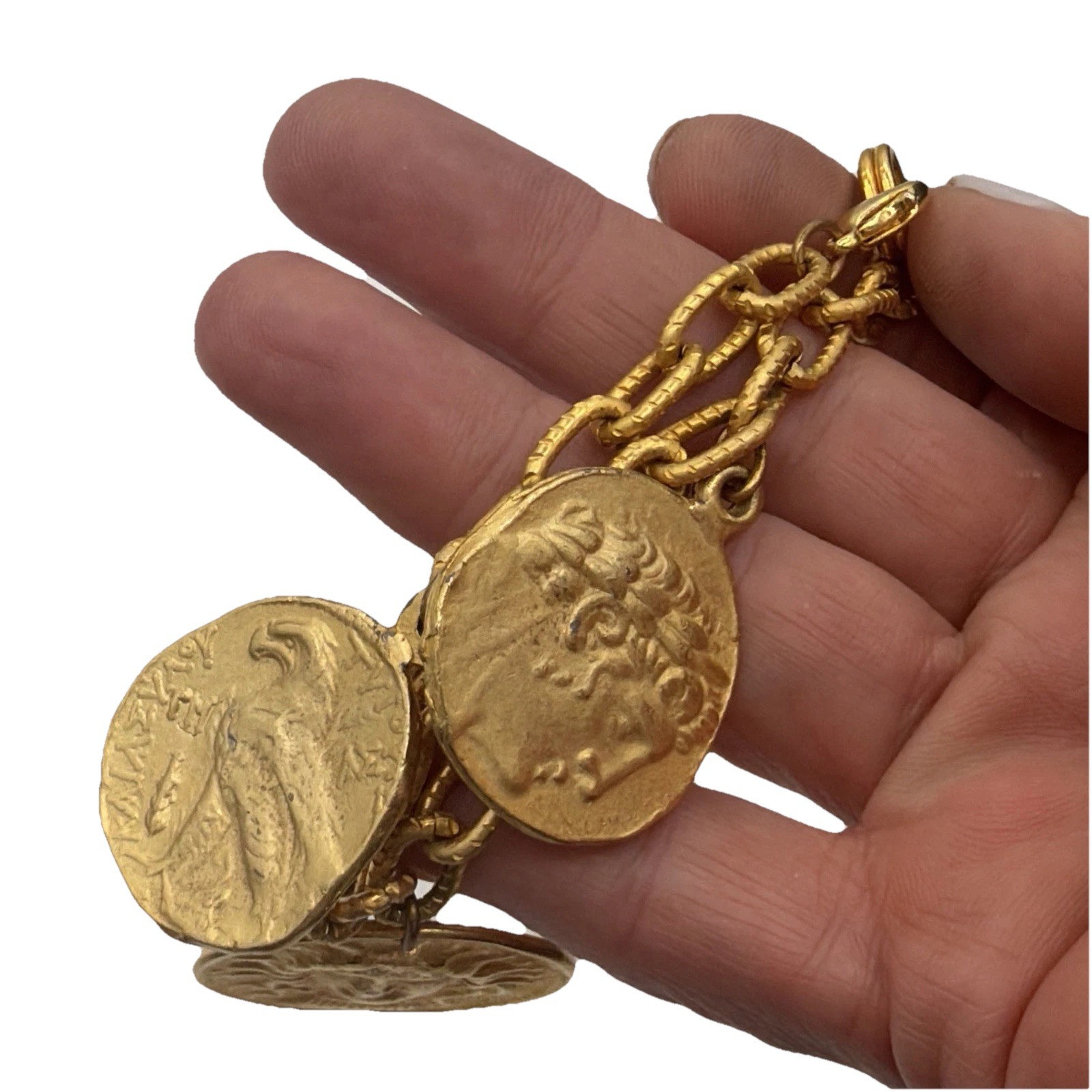 Vintage Gold Tone Coin Charm Bracelet • Ancient‑Style Medallions Textured Chain