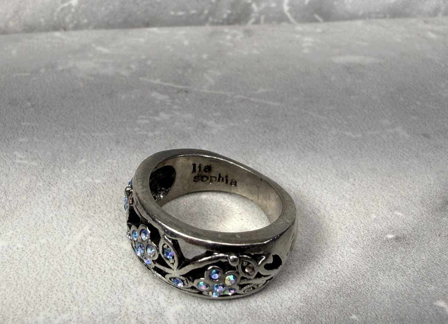 Lia Sophia Garden Party Silver Tone Blue AB Rhinestone Flower Ring Size 7.5