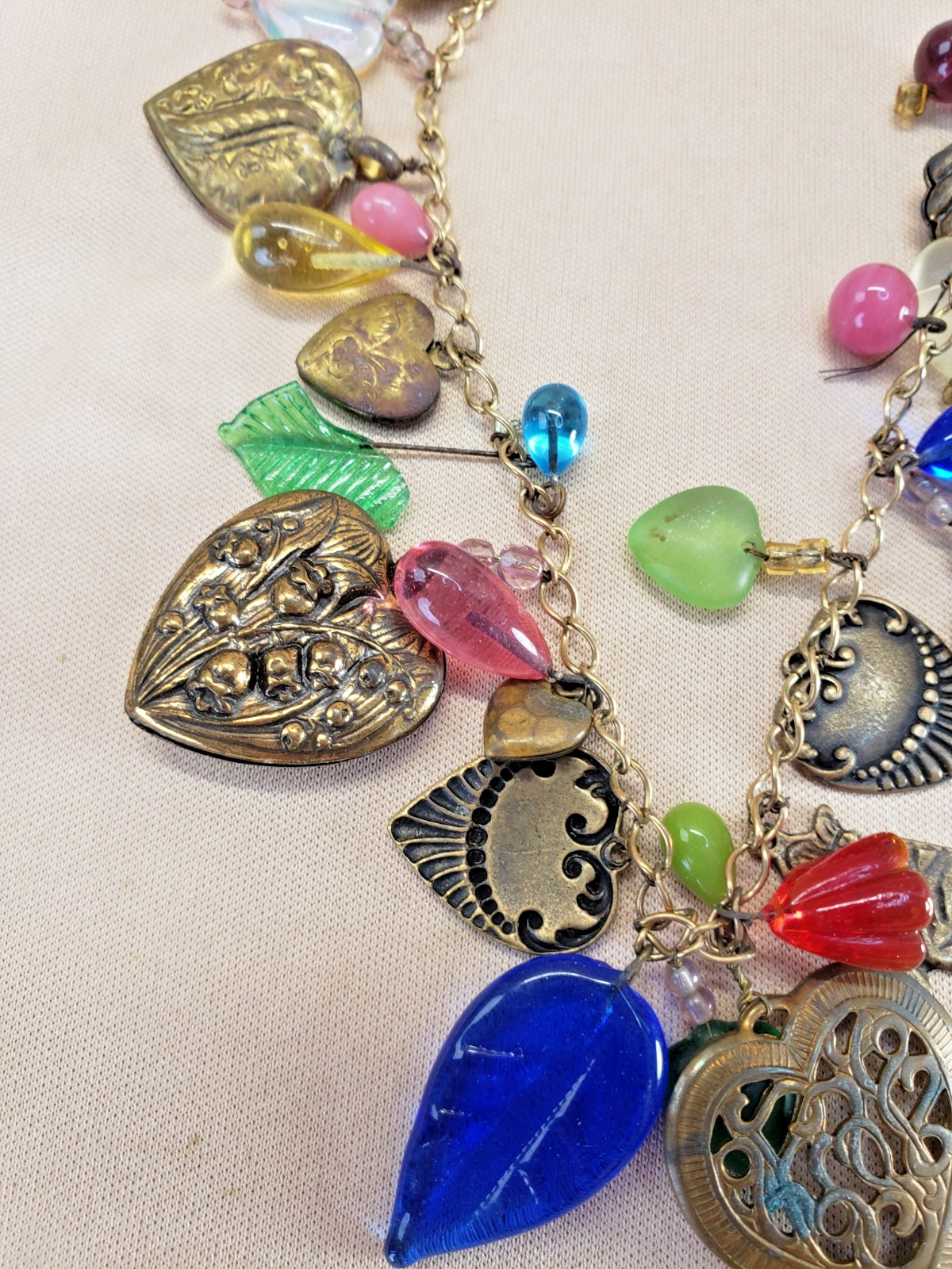 Vintage Ornate Hearts and Glass Charms Necklace Glass Works Studio Style AS IS