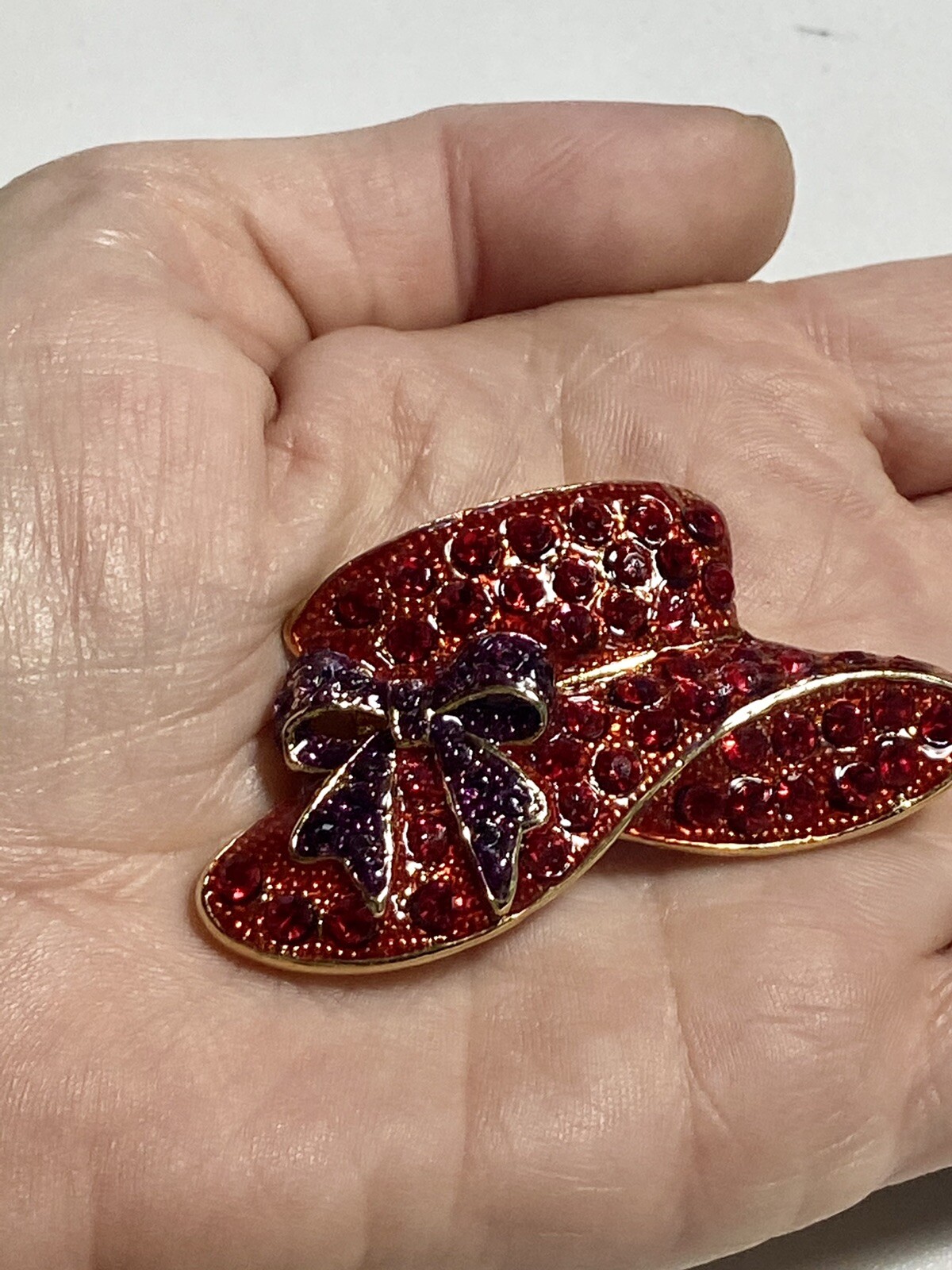 Vintage Red Hat Society Enamel Rhinestone Figural Pin Brooch Pendant Goldtone
