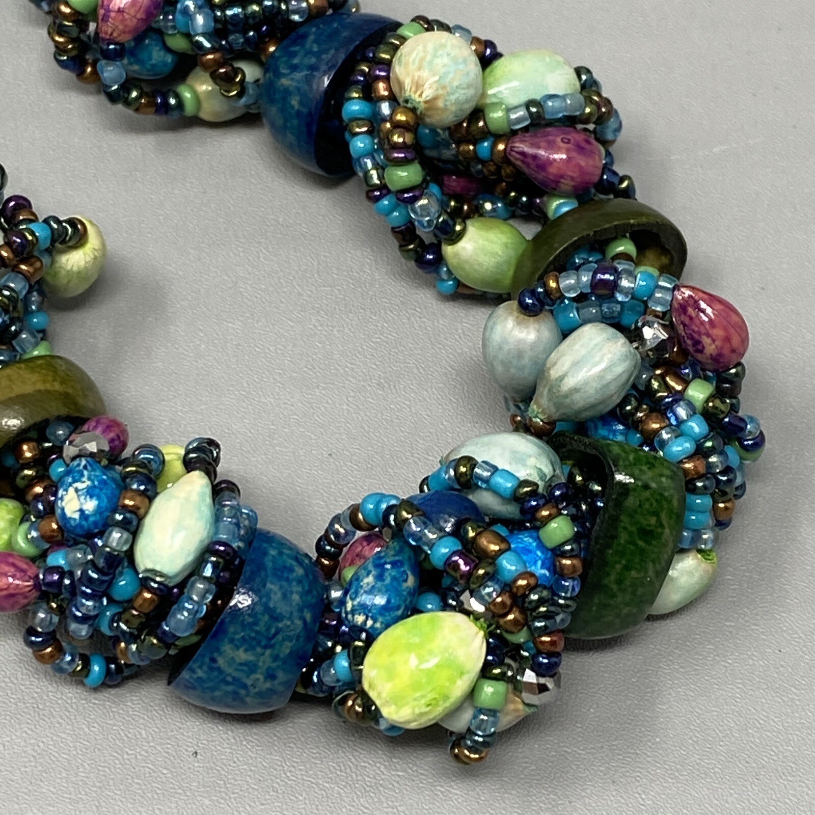 Boho Necklace Vintage Blue Multicolor Seed Bead Dyed Nut Multi Strand Collar 19″