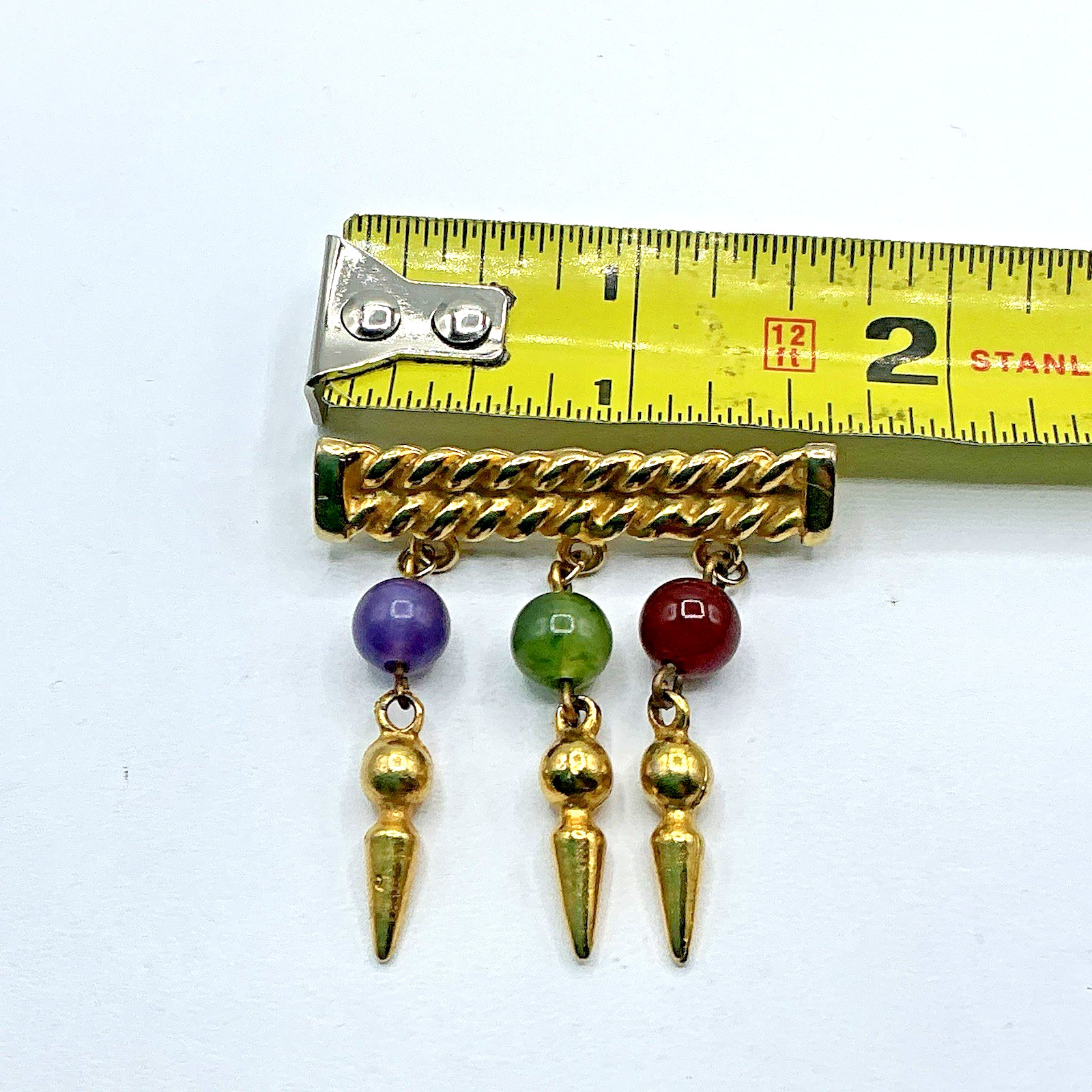 Vtg Gold Tone Bar Pin w/ Dangling Semi Precious Stones Purple Green Red Brooch