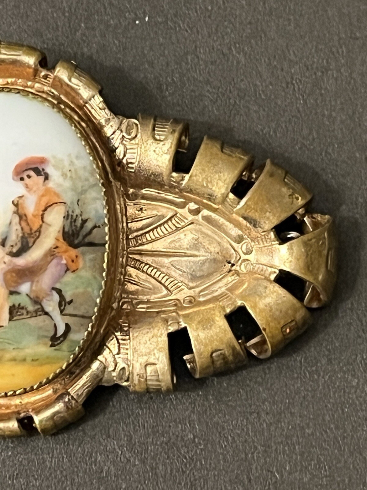 Vintage Austrian Porcelain Courting Couple Brooch Pat 206595 Gold Tone
