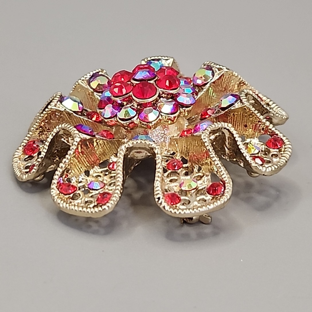 Vintage Rhinestone Brooch AB Red Bead Gold Tone Round Ruffle Wavy 2 1/8″
