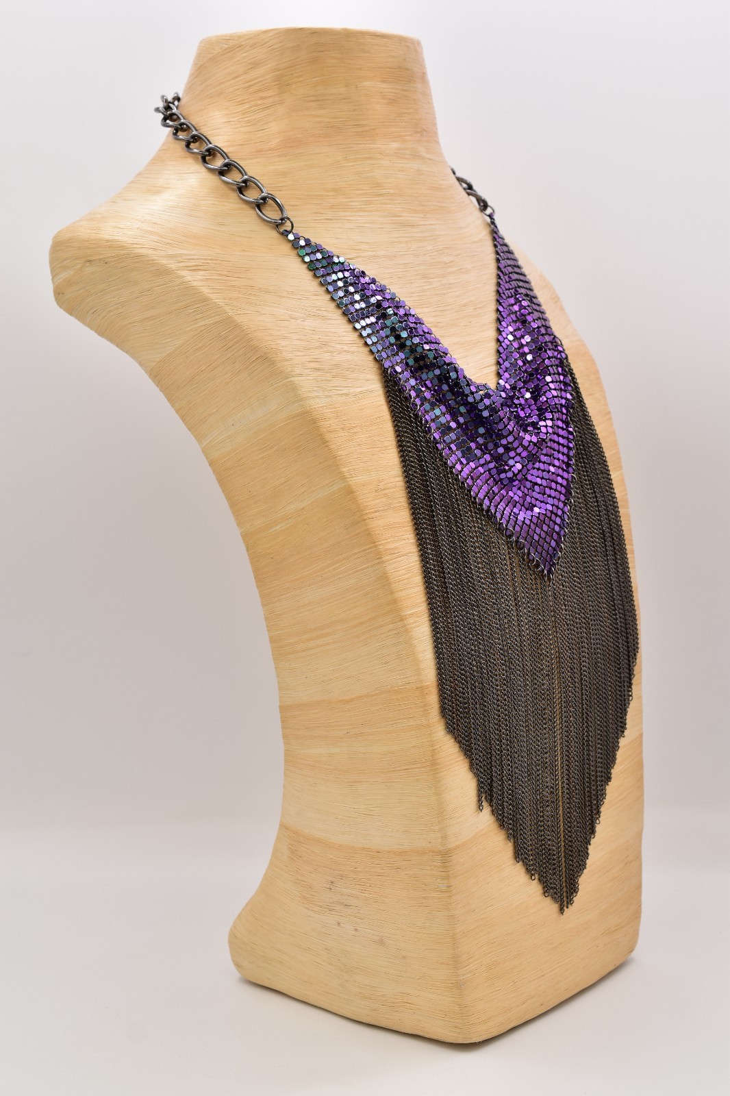 Vintage Purple Iridescent Mesh Fringe Bib Necklace Gunmetal Chainmail 70s BinBC