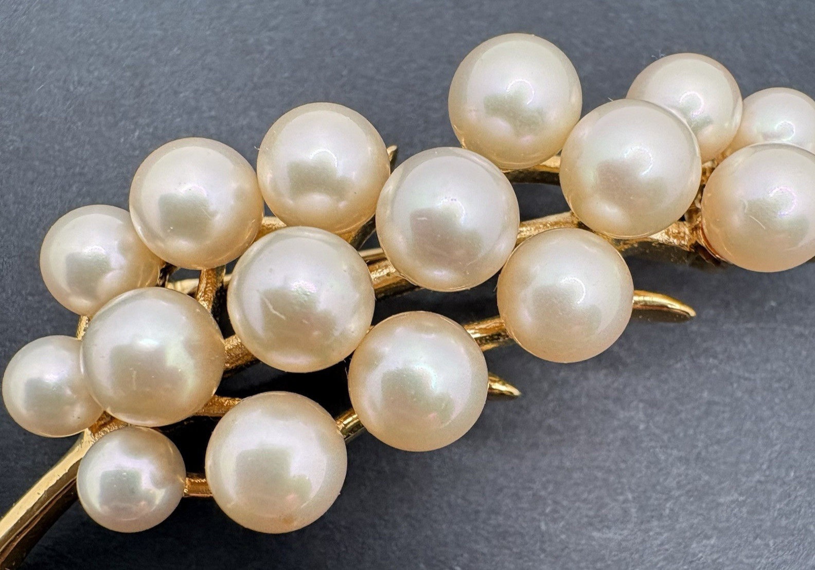 Vintage Majorica Glass Faux Pearl Cluster Brooch Grapes Plant Gold Tone