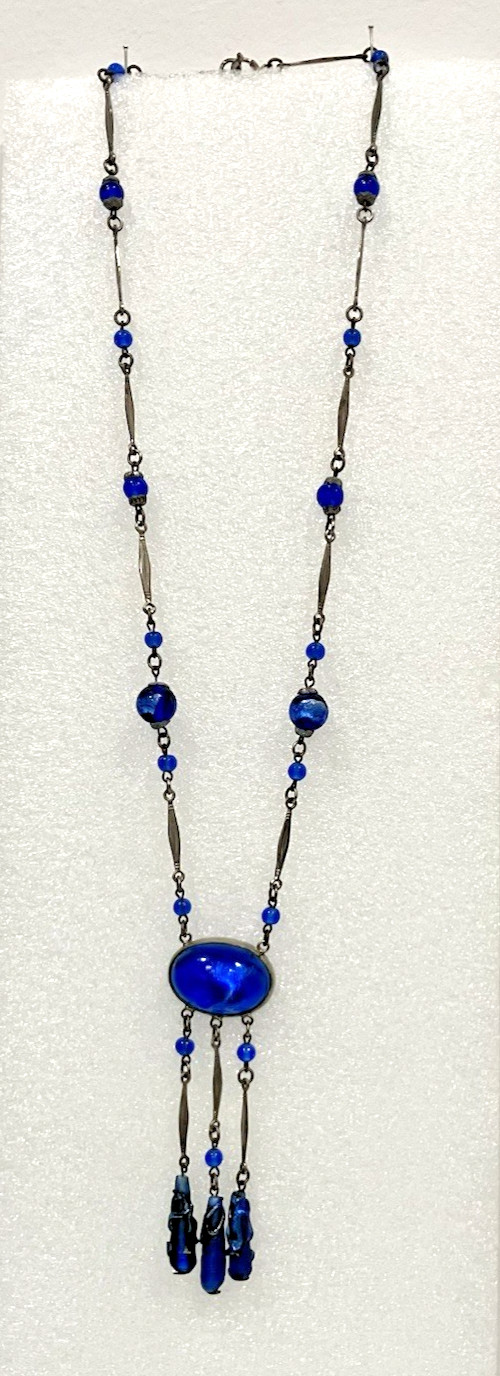Vtg ART DECO CZECH blue foil GLASS drop pendant NECKLACE 3 “torpedo beads”