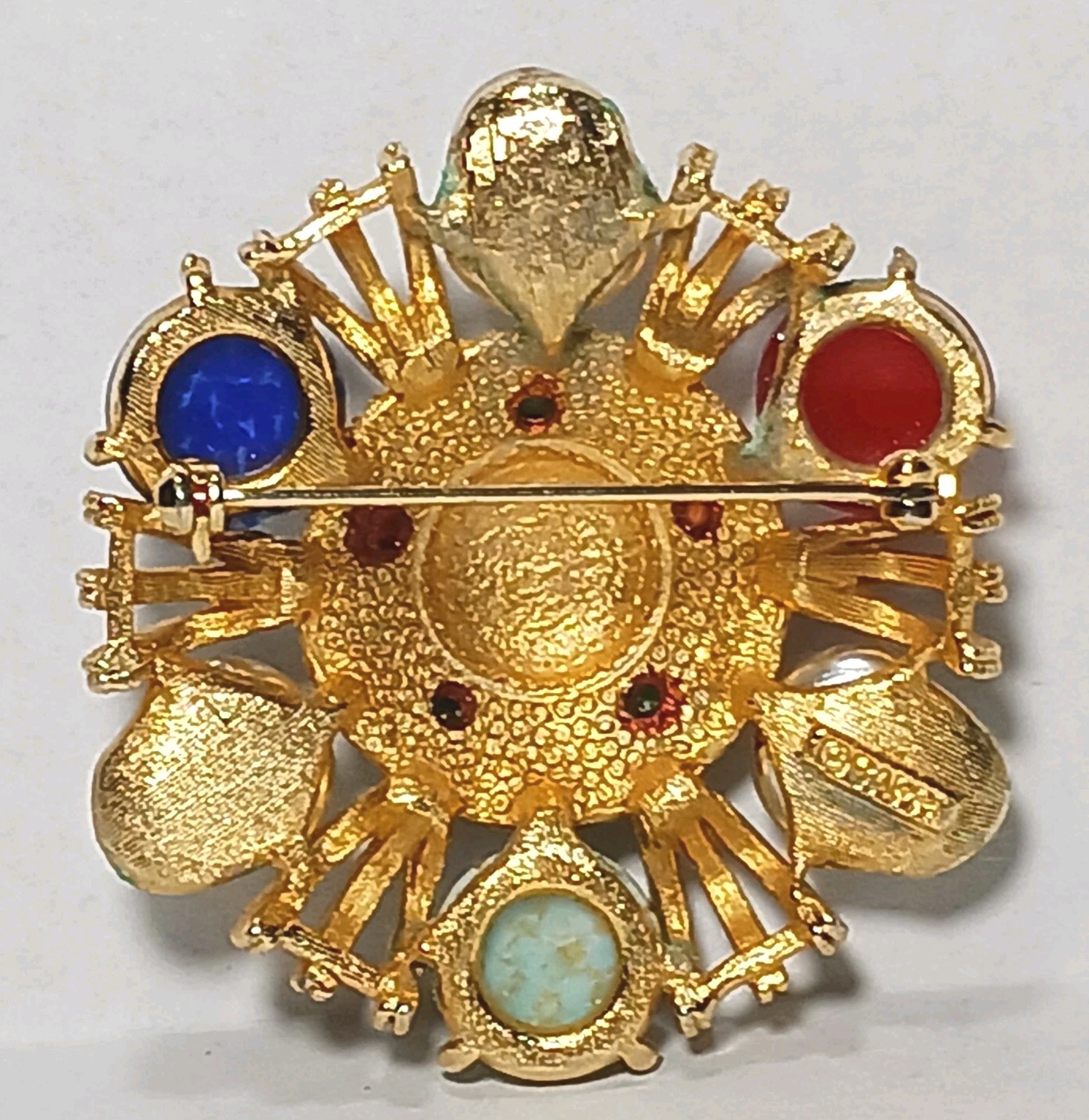 Brooch Ruby Sapphire Turquoise Cobochons Baroque Faux Pearls GT Vintage Signed