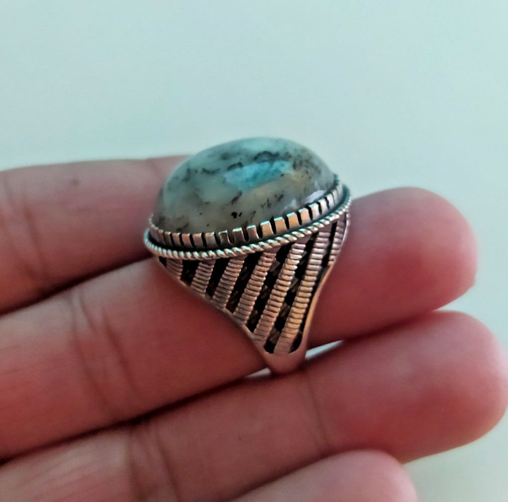 Ancient Vintage Victorian Sterling Silver Ring Natural Agate Stone Size 9