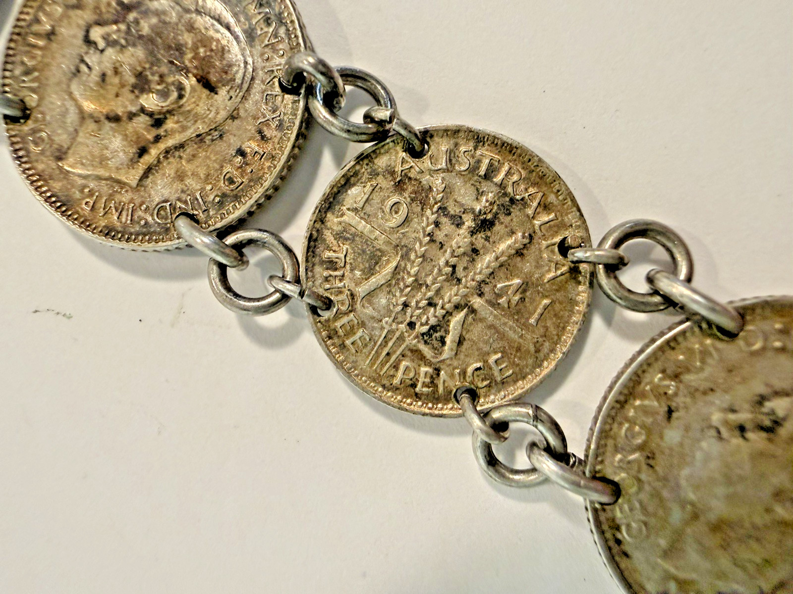 vintage coin Link bracelet 1940s Handmade australian sixpence threepence