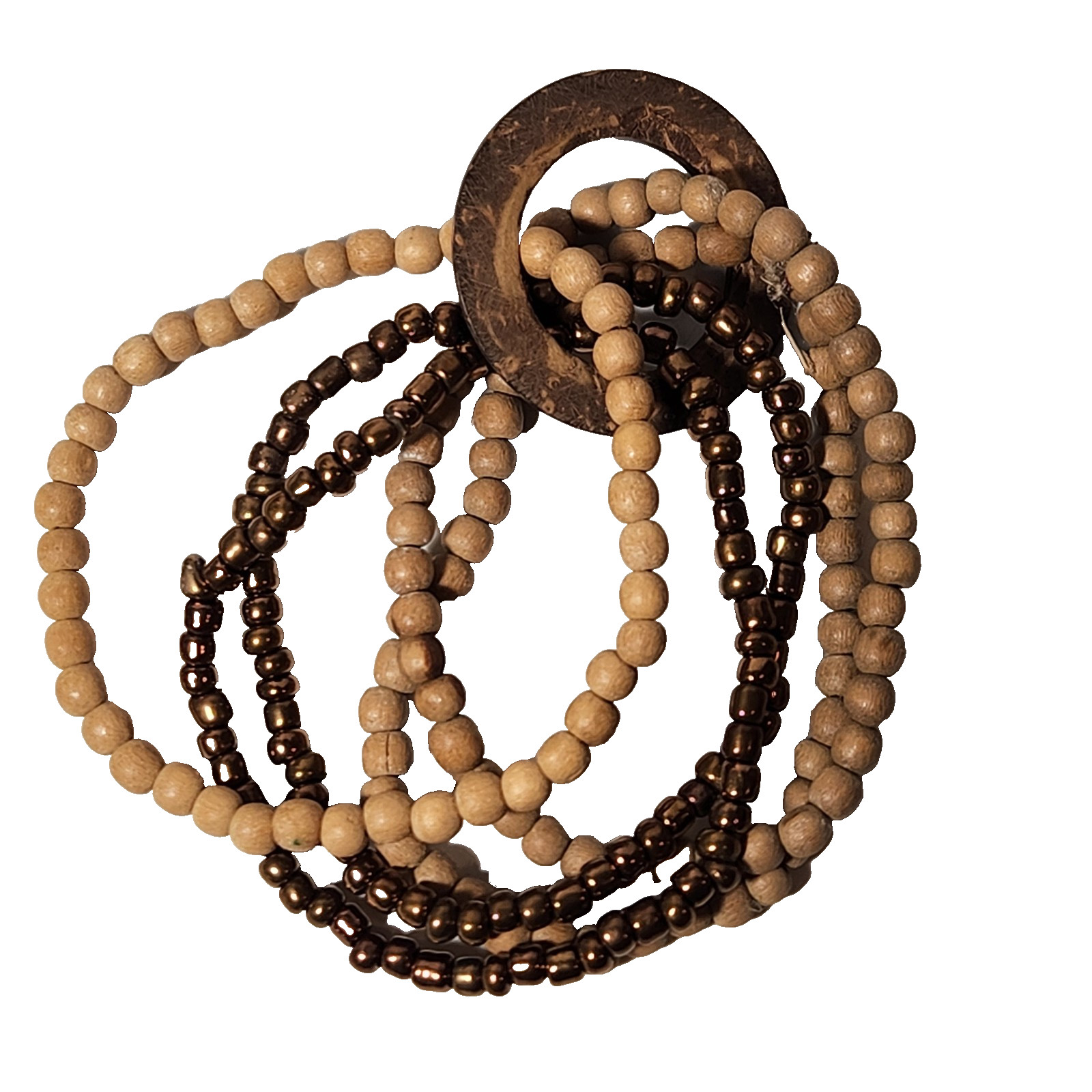 Multi Strand Wood Bead Stretch Bracelet Natural Earthy Boho Light Dark