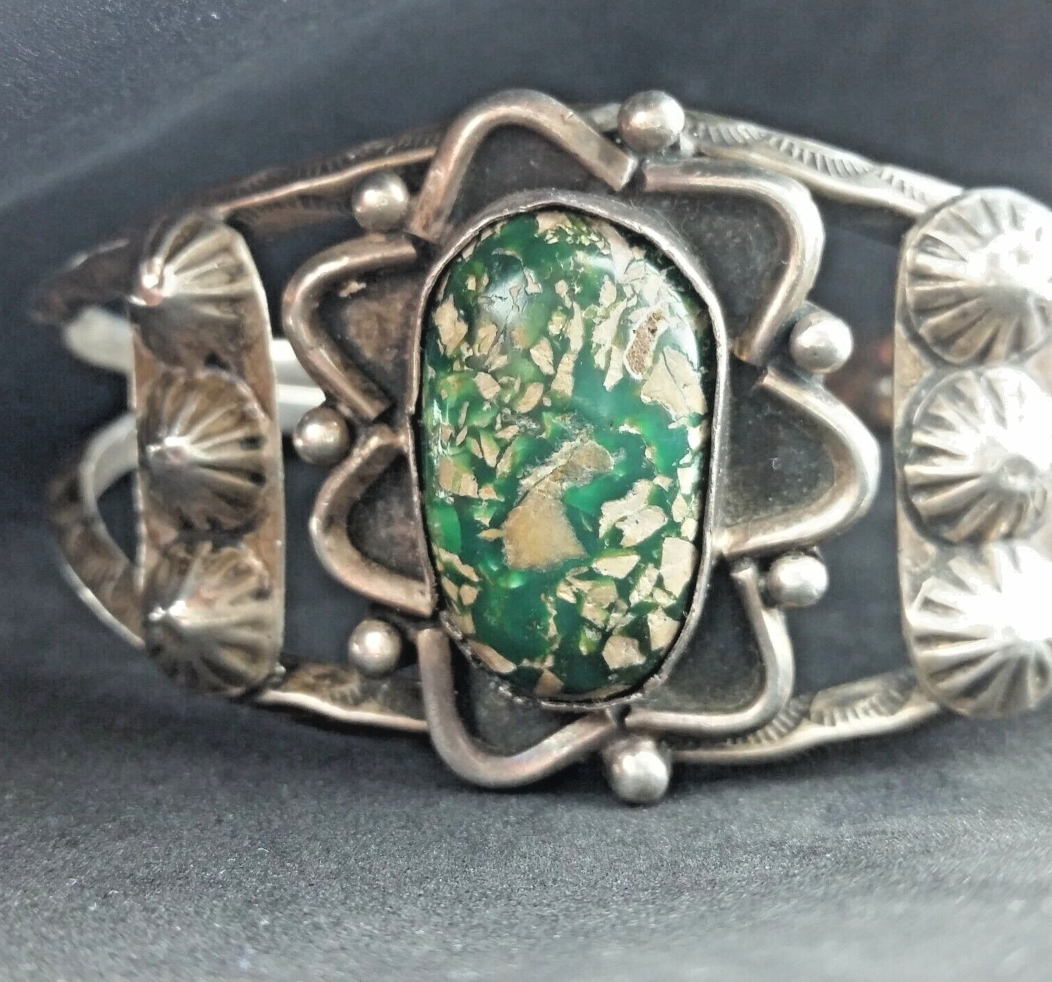 Vtg Damele Turquoise Sterling Silver Cuff Concho Bracelet Circa 1920s Sand Cast