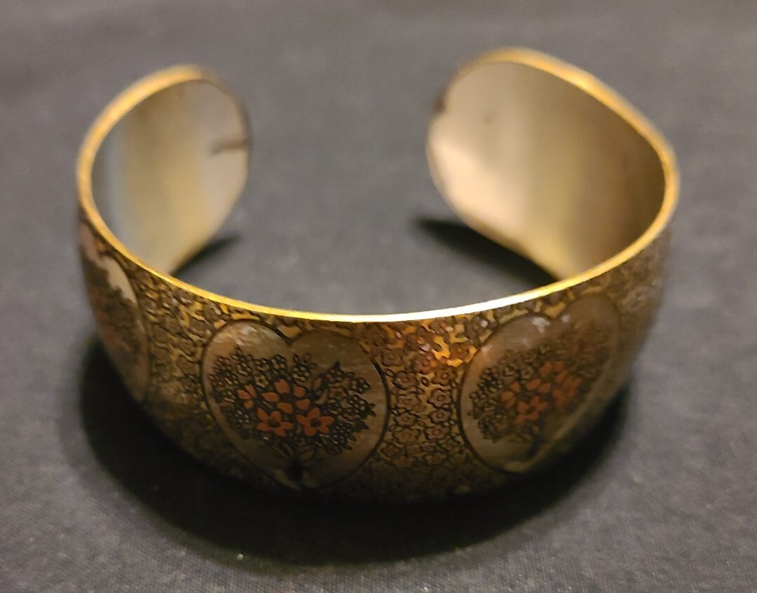 Vintage Reed & Barton Damascene Cuff Bracelet with Hearts and Flowers EUC