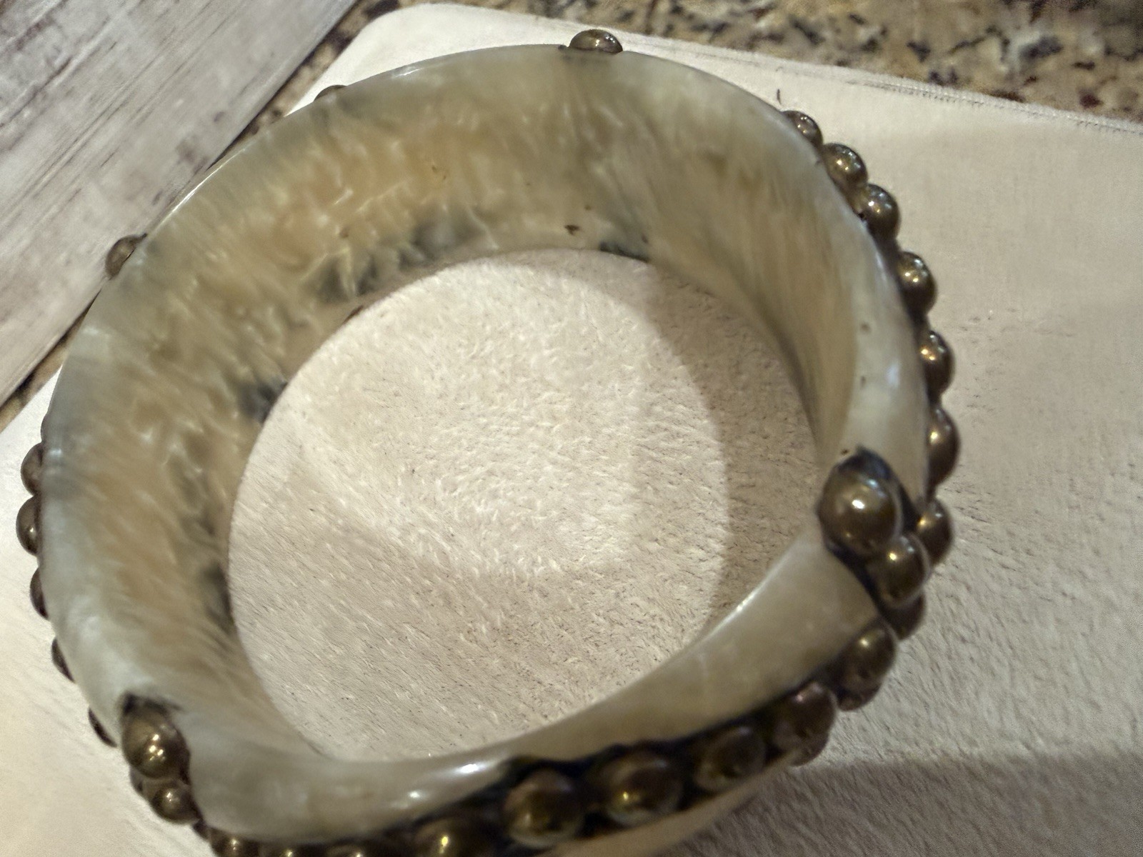 Off White Marbled Bracelet Brass Studded Bangle Boho Vintage 7.5”