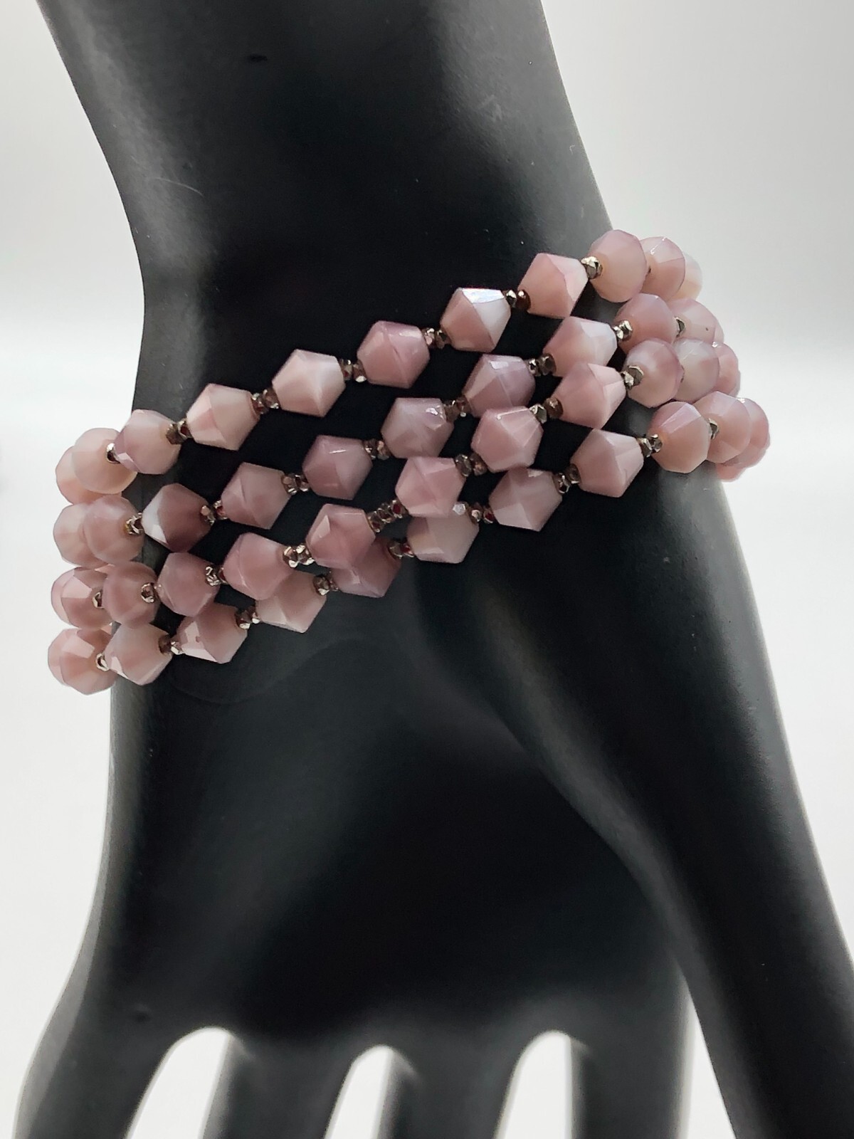 VTG 4 Strand Lavender Glass Bicone Bracelet Fancy Clasp Art Glass Rhinestones
