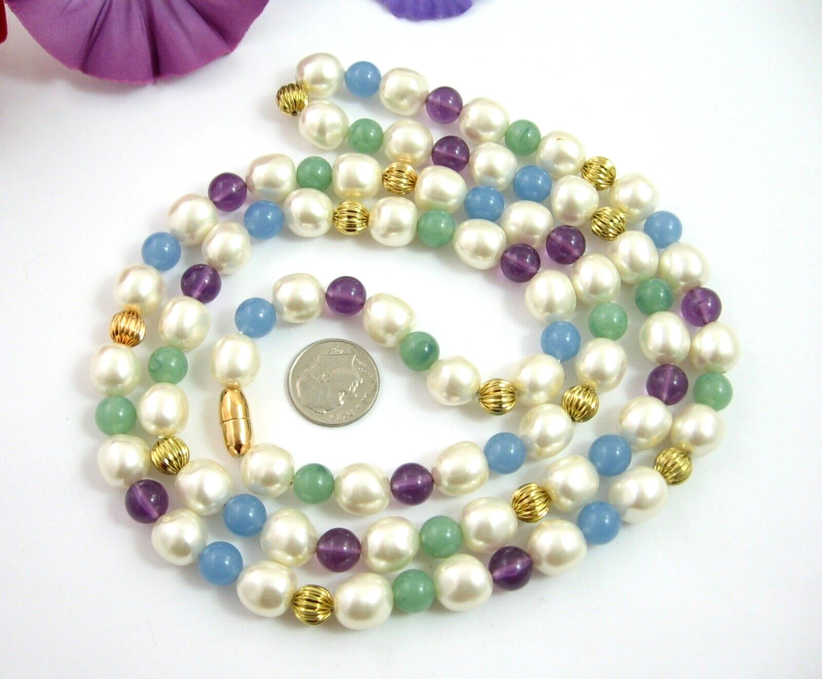 White PURPLE BLUE MINT GREEN BEADED Necklace 4 Color Beads Vintage Goldtone 36″