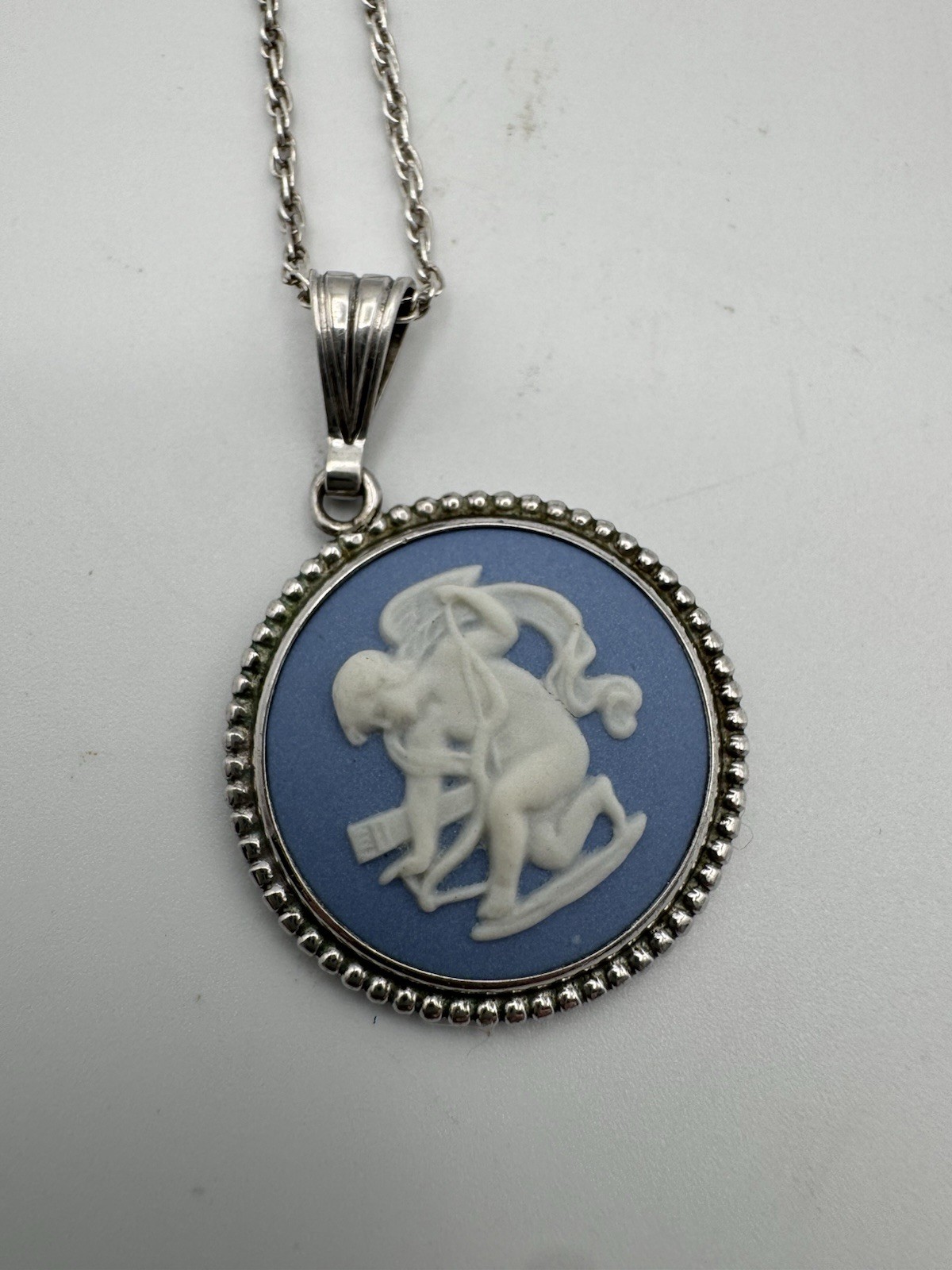 Vintage Wedgwood Blue Jasperware Cupid Signed Pendant Necklace Silver England