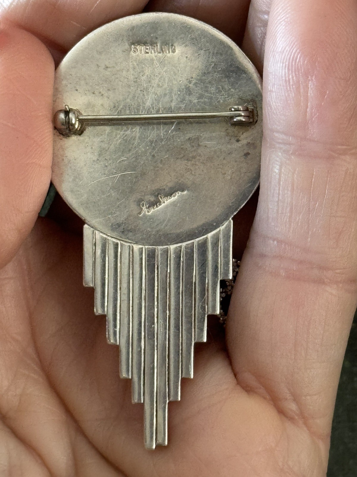 Erickson Silversmith Art Deco / Modernist Malachite Sterling Silver Pin Brooch